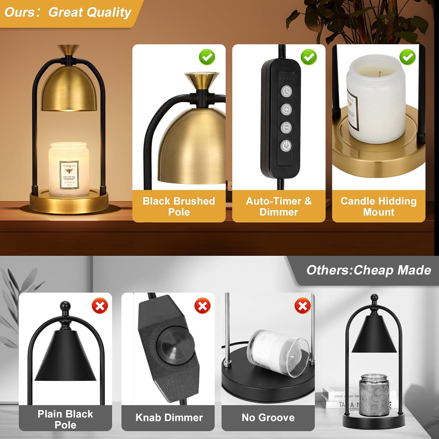 Color Gold Hong-in Gold Candle Warmer Lamp with Timer-Modern Room Decor Aesthetic Vintage, Gifts for Women,Dimmable Wax Melt Warmer for Scented Wax with 2 Bulbs