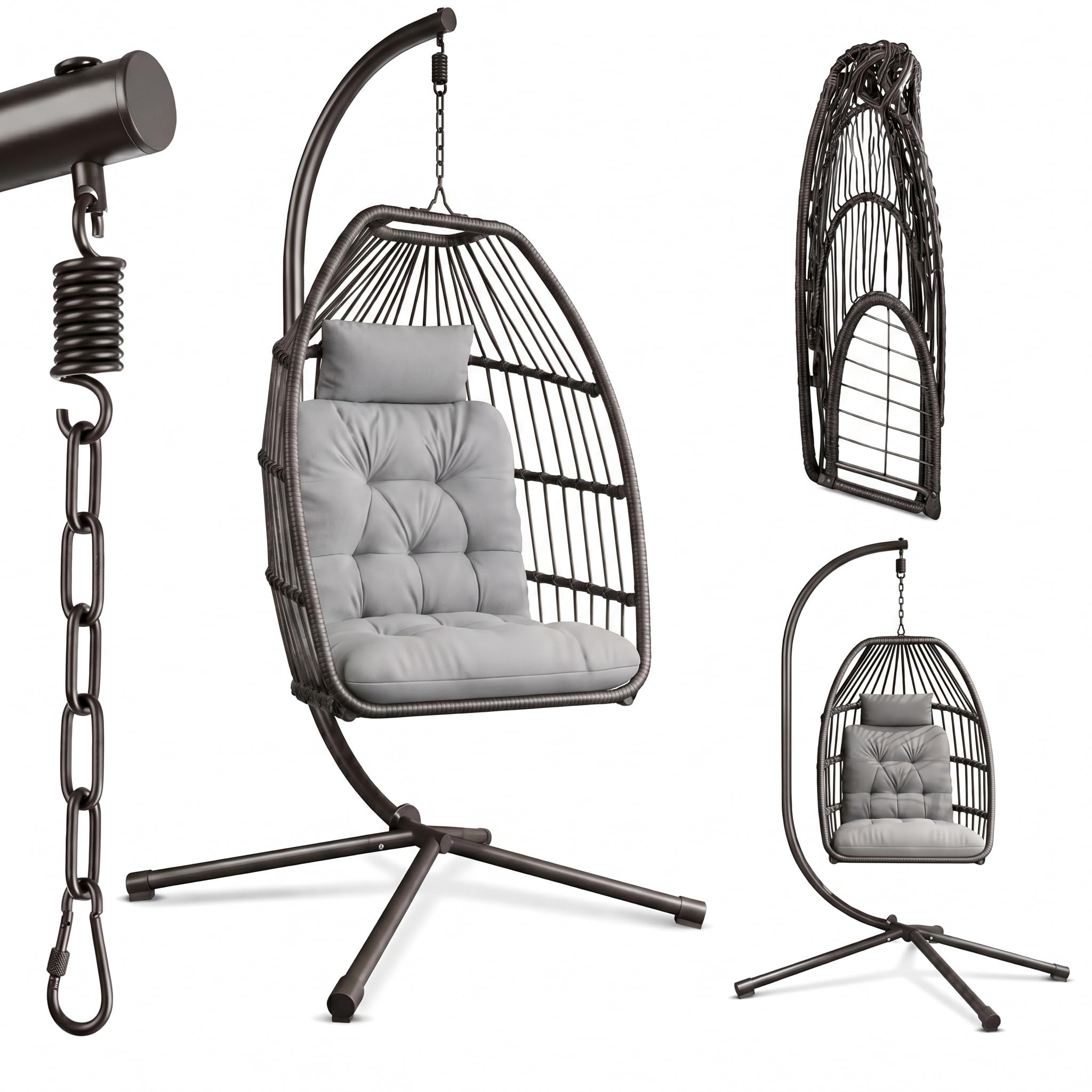 Xbro Silla Colgante de Exterior, Silla Colgante Huevo con Estructura de Acero y 4 Pies en Base, Columpio Jardin Exterior/Interior, Plegable, Capacidad 160Kg - Gris