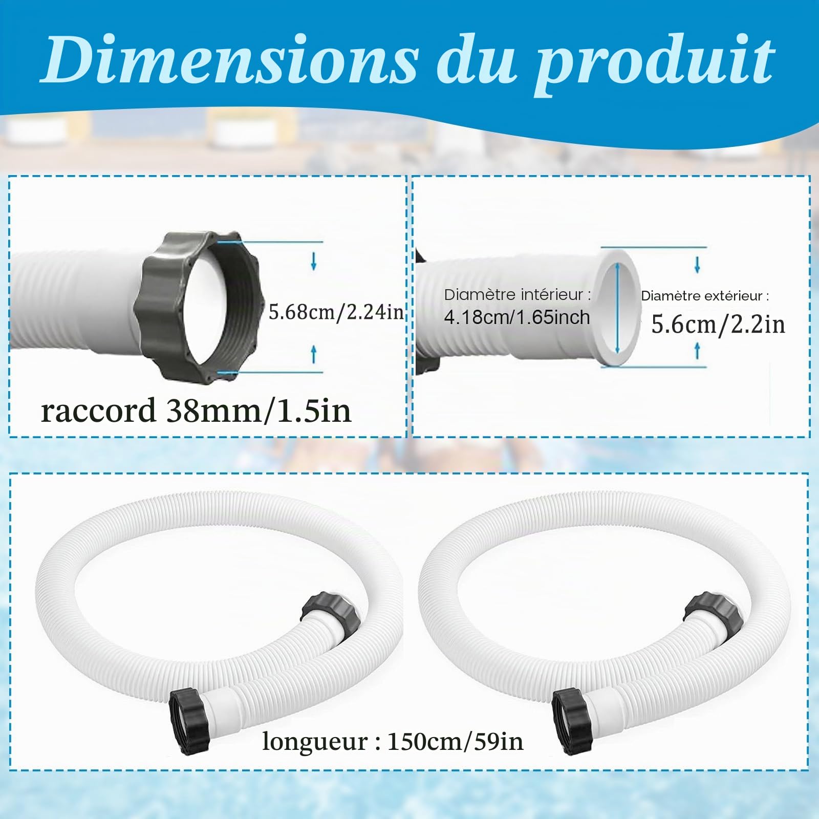 Lot de 2 tuyaux de rechange pour pompe de piscine Intex, 38 mm/150 cm, avec 2 adaptateurs de tuyau de type B
