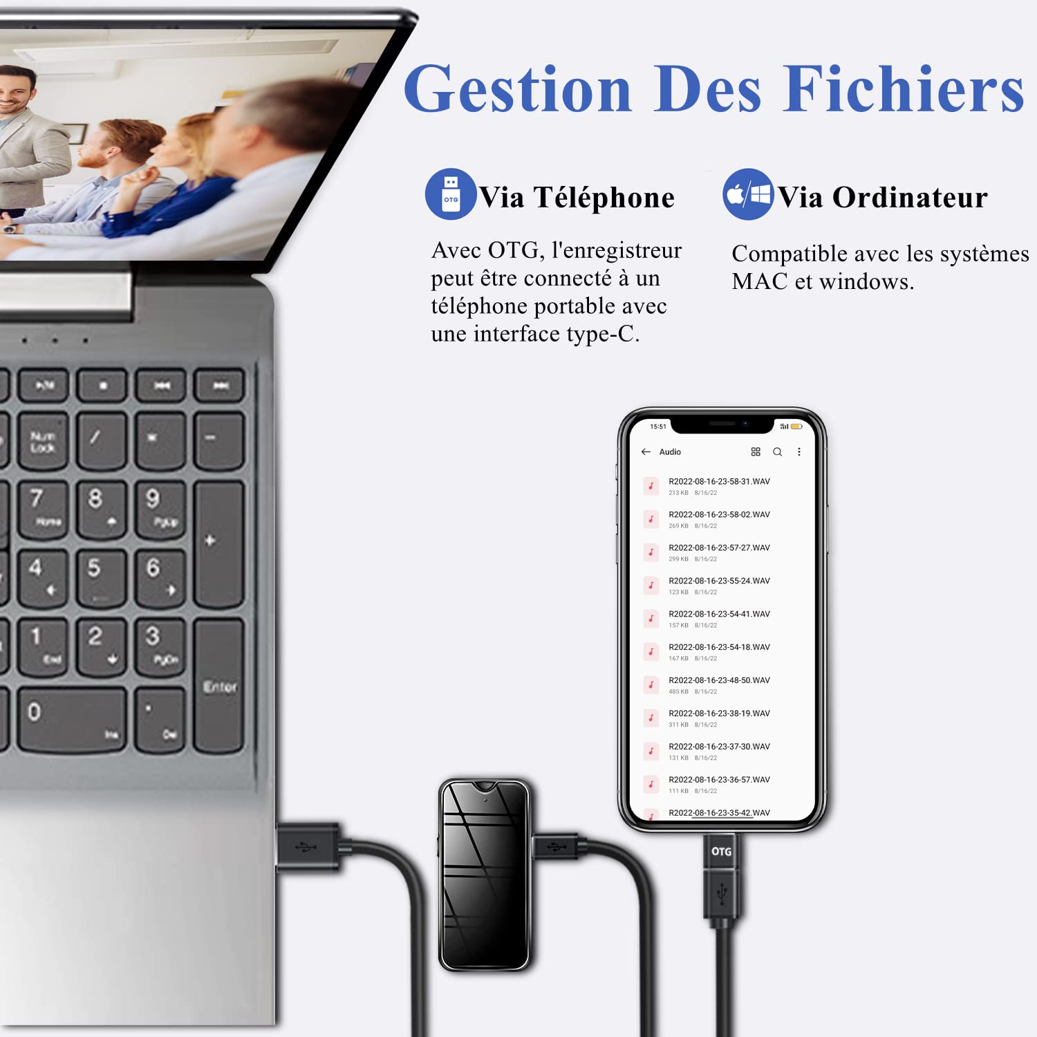 Mini Dictaphone 64GB 3072Kbps – Enregistreur Vocal HD Activation Vocale, 4552h Stockage, Magnétique, Réduction Bruit AI