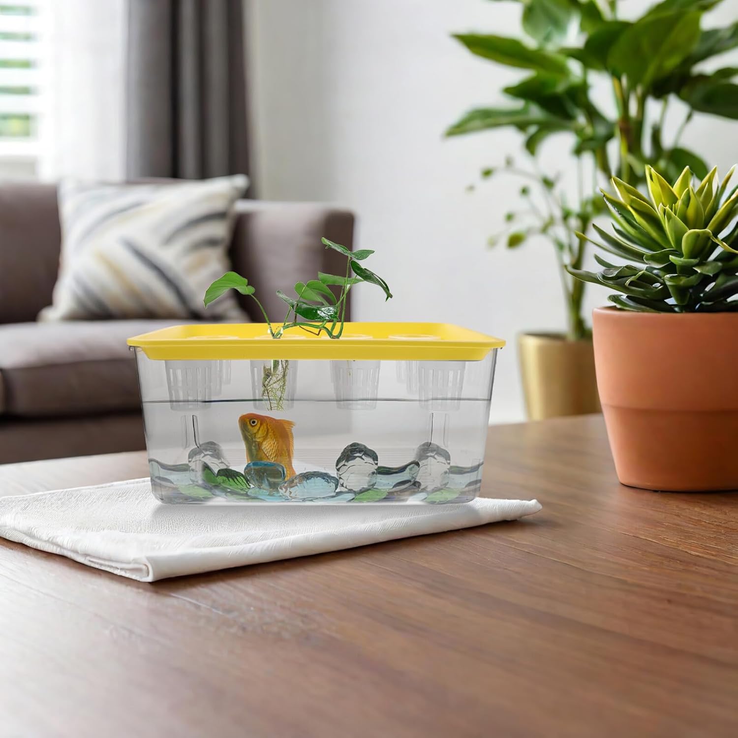 VOSAREA Hydroponic Fish Tank with Lid, Small Plastic Aquarium Planter for Indoor Water Garden, Eco Goldfish Bowl Suitable for Living Room and Desktop Aquatic Plants