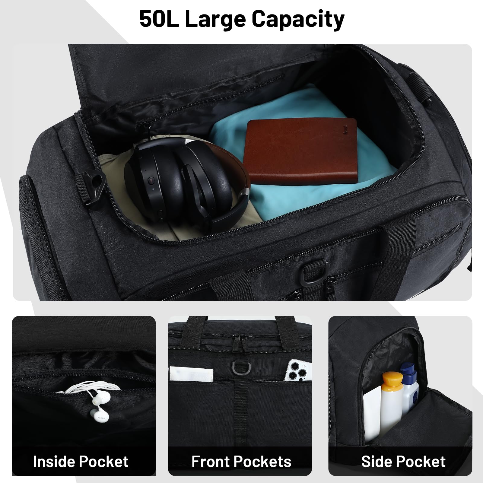 MIER Faltbare Reisetasche mit Schuhfach, 50 l, Reisetasche für Männer und Frauen, verstaubare Übernachtungstasche für Camping, Fitnessstudio, Wochenende, Schwarz, 50L, Faltbare Reisetasche mit