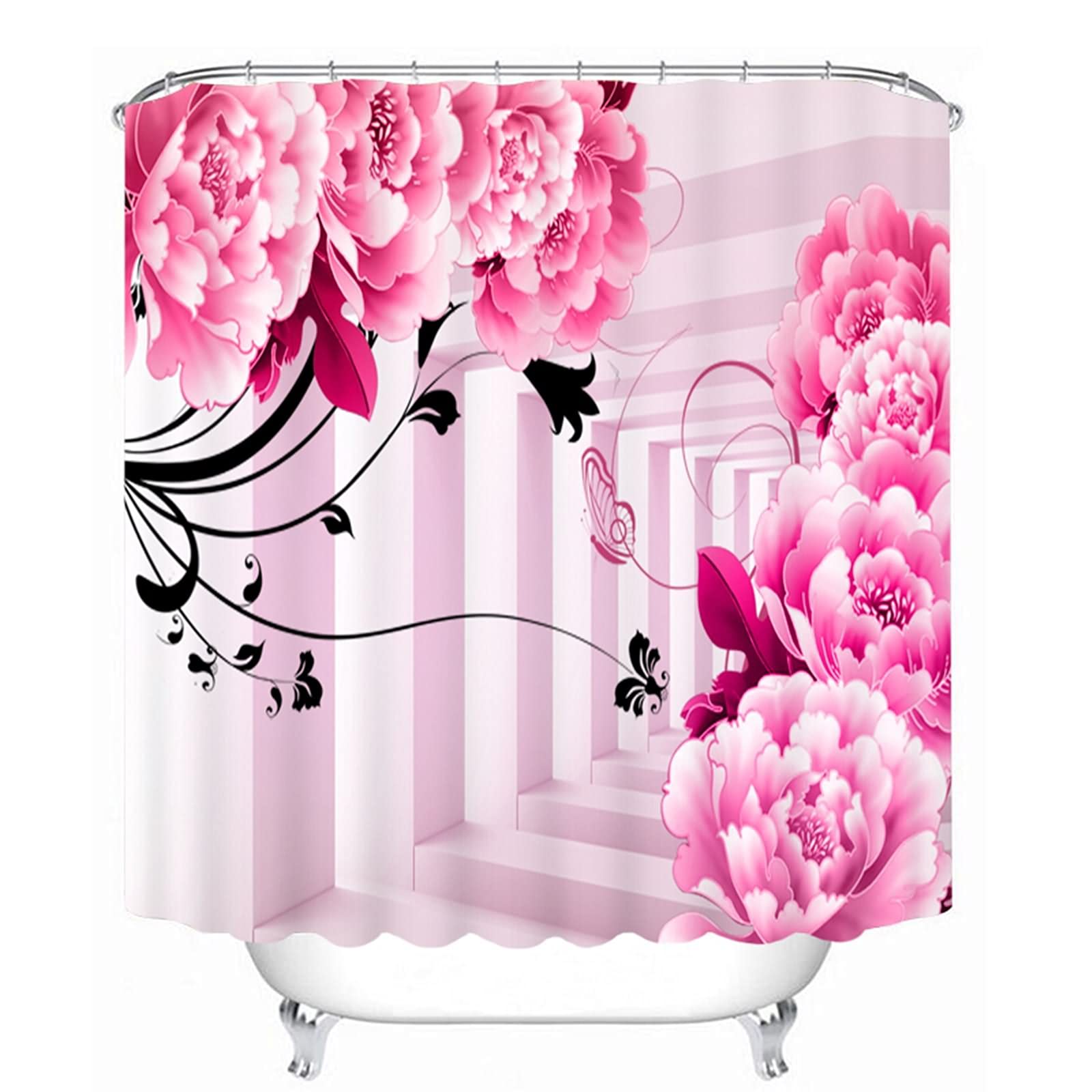 Rideau de douche japonais pivoine rose pour ambiance spa zen