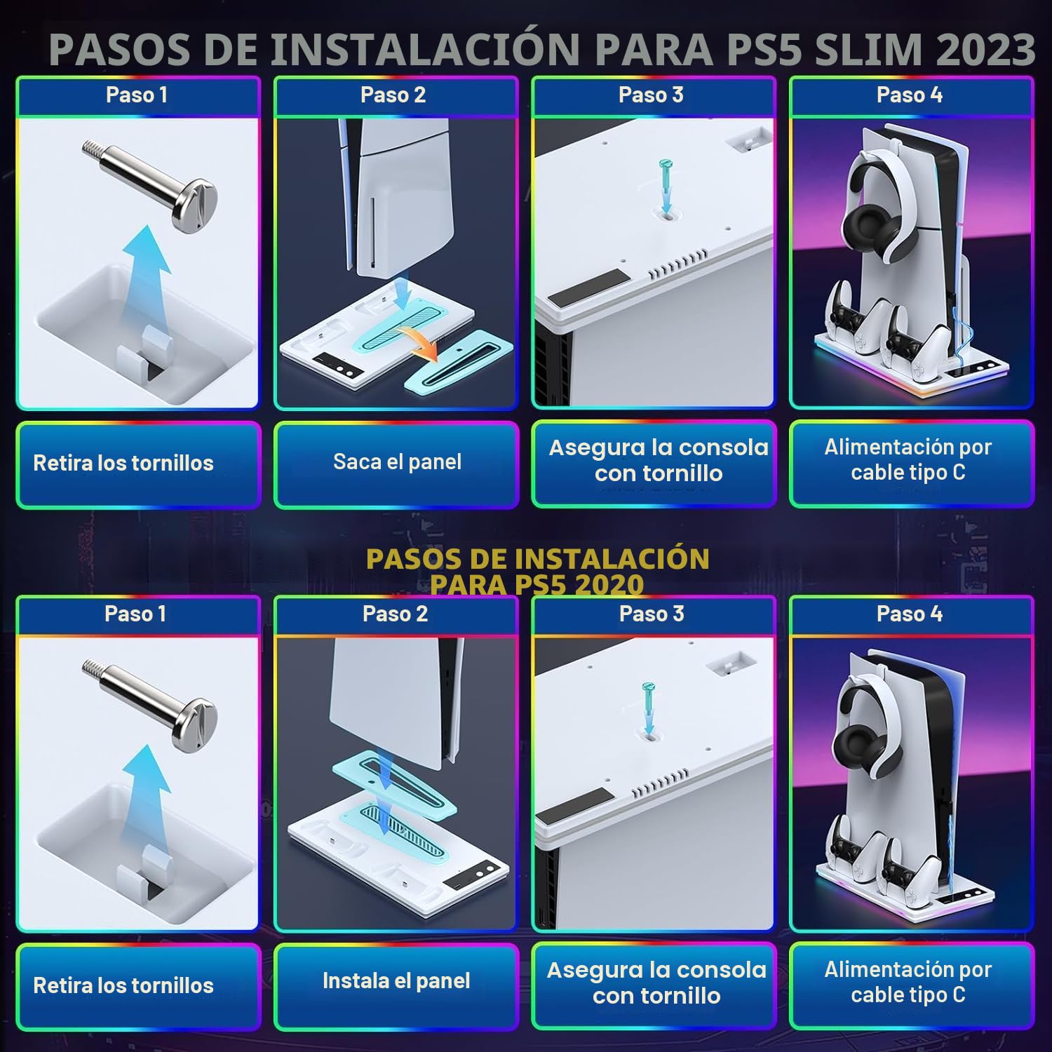 3 en 1 Soporte PS5 con Cargador Mando y Ventilador de 3 Velocidades, Soporte Vertical PS5 para PlayStation 5 Slim & Standard Disco/Digital, Refrigerador PS 5 con Luz RGB y 2 Puertos USB