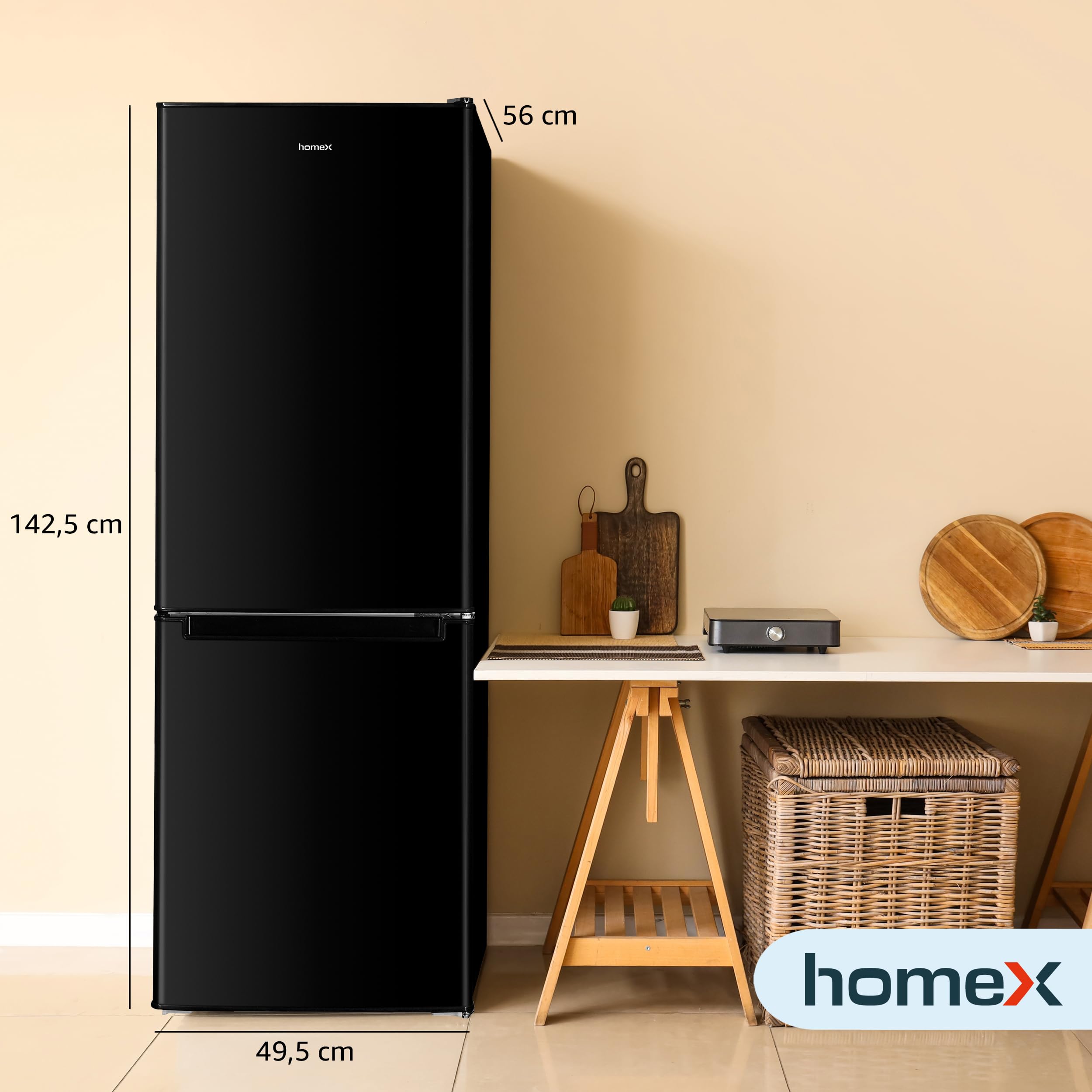 homeX Kühlschrank mit Gefrierfach | Kühl Gefrierkombination freistehend | 173 Liter Nutzinhalt | 4-Sterne Gefrieren | Höhe 142,5 cm | Leise 40 dB | Große Kühlgefrierkombi schwarz | CFS1110-B