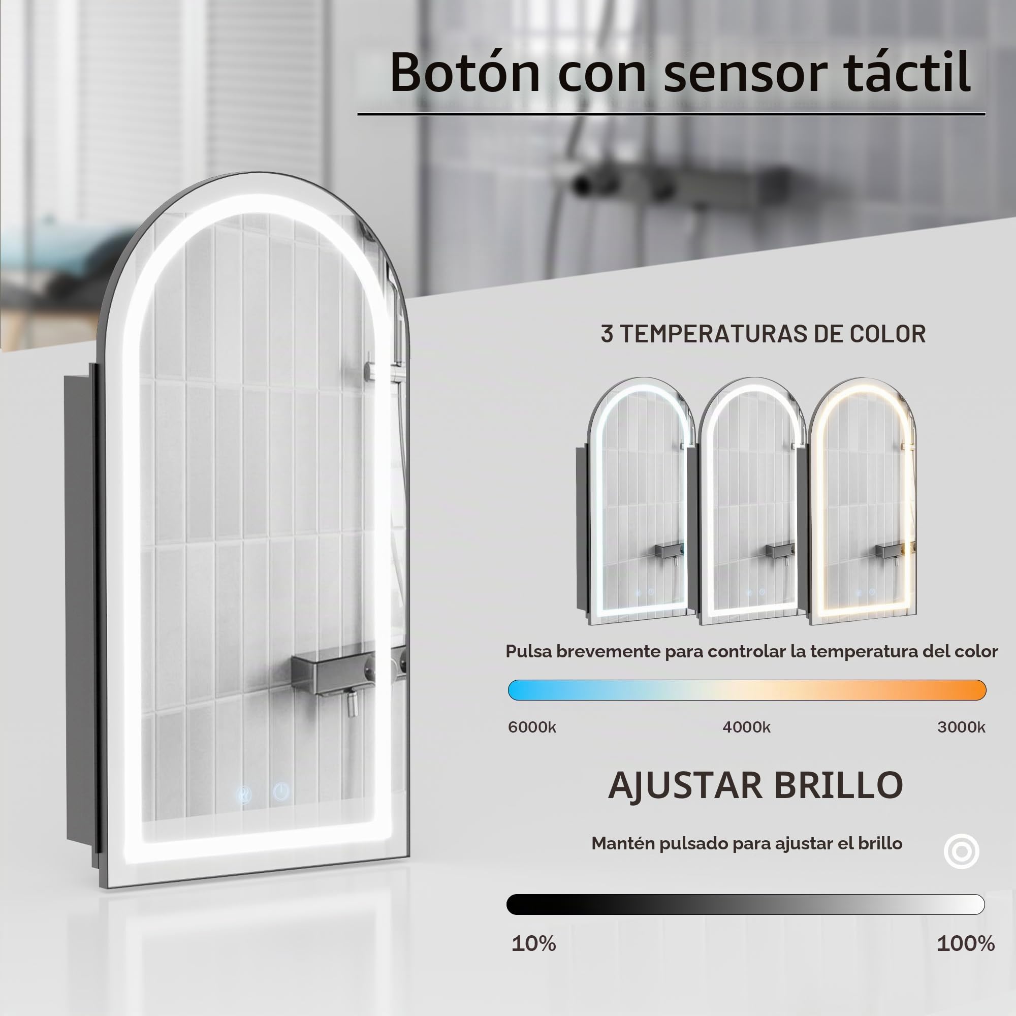 Armario Baño con Espejo LED iluminación y Función de Desempañado (No Requiere ensamblaje) Antivaho Arqueada Metal Armario de Pared Colgante con 2 Estanteria Negro 40x79x12.5 cm