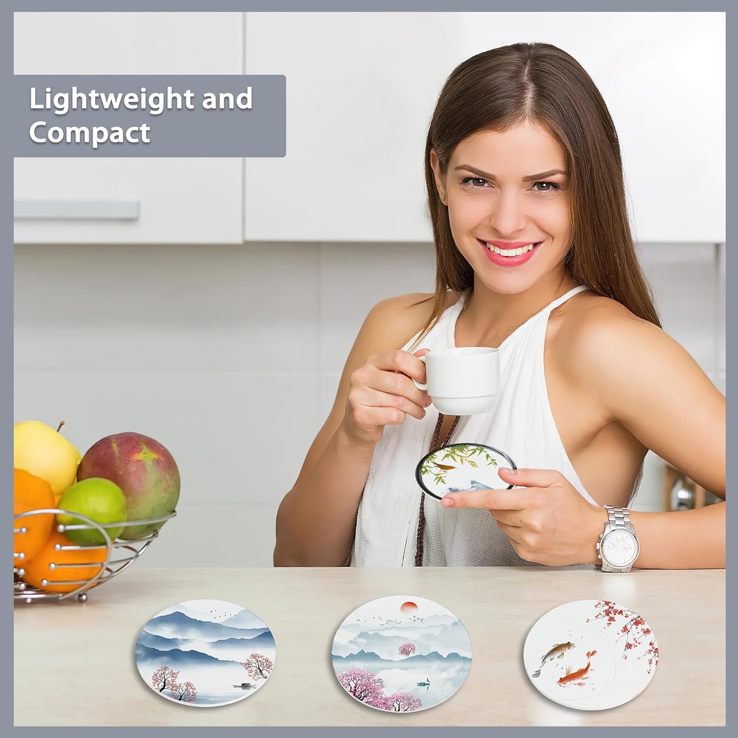 Drink Coasters Set of 6 with Holder,Japanese Cherry Blossom and Fujiyama Mountain Absorbent Ceramic Coasters with Cork Base,Fit All Cups,Tabletop Protection Mat for Mugs and Cups,Office,Kitchen - Image 6