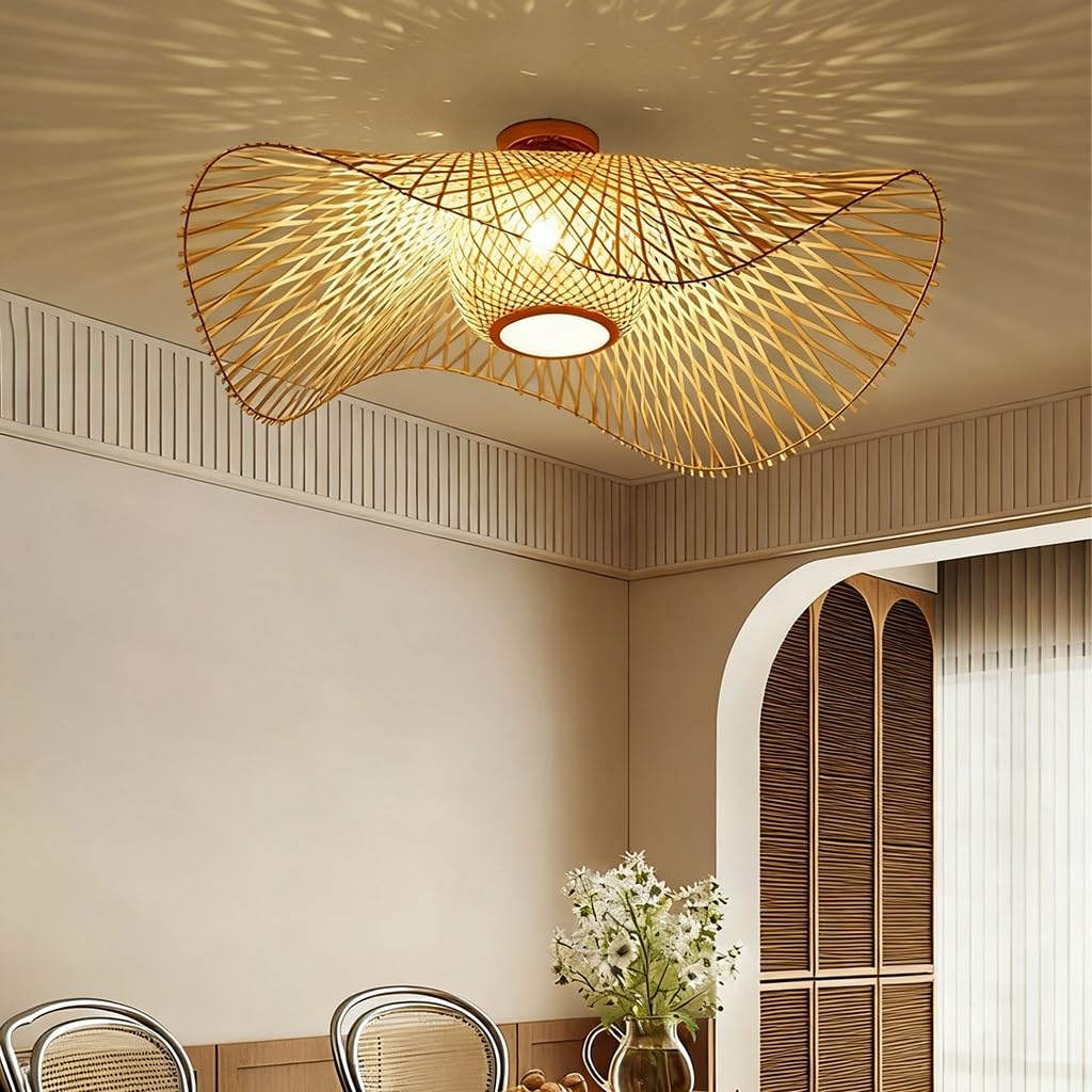 NOCHX Japanese Style Ceiling Light E27 Base Personalized Bedroom Living Room Study Ceiling Lamp Bohemian Hotel Farmhouse Bamboo Woven Ceiling Lights Indoor Decoration Lamp(55cm)