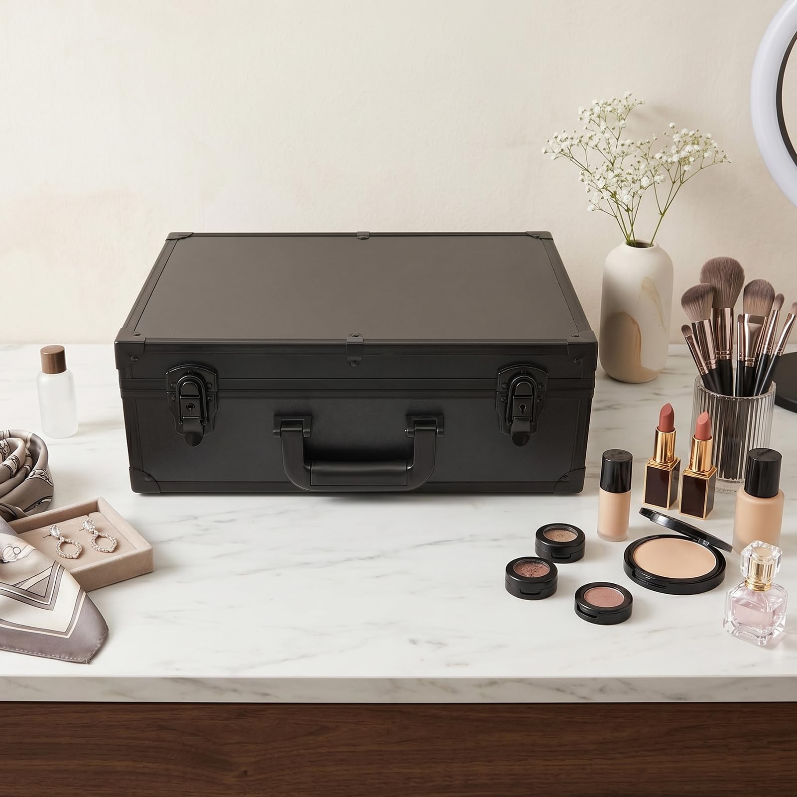 Maletín de maquillaje, neceser de cosméticos, organizador de maquillaje profesional, caja de almacenamiento de cosméticos, luces regulables y espejos, almacenamiento de joyas