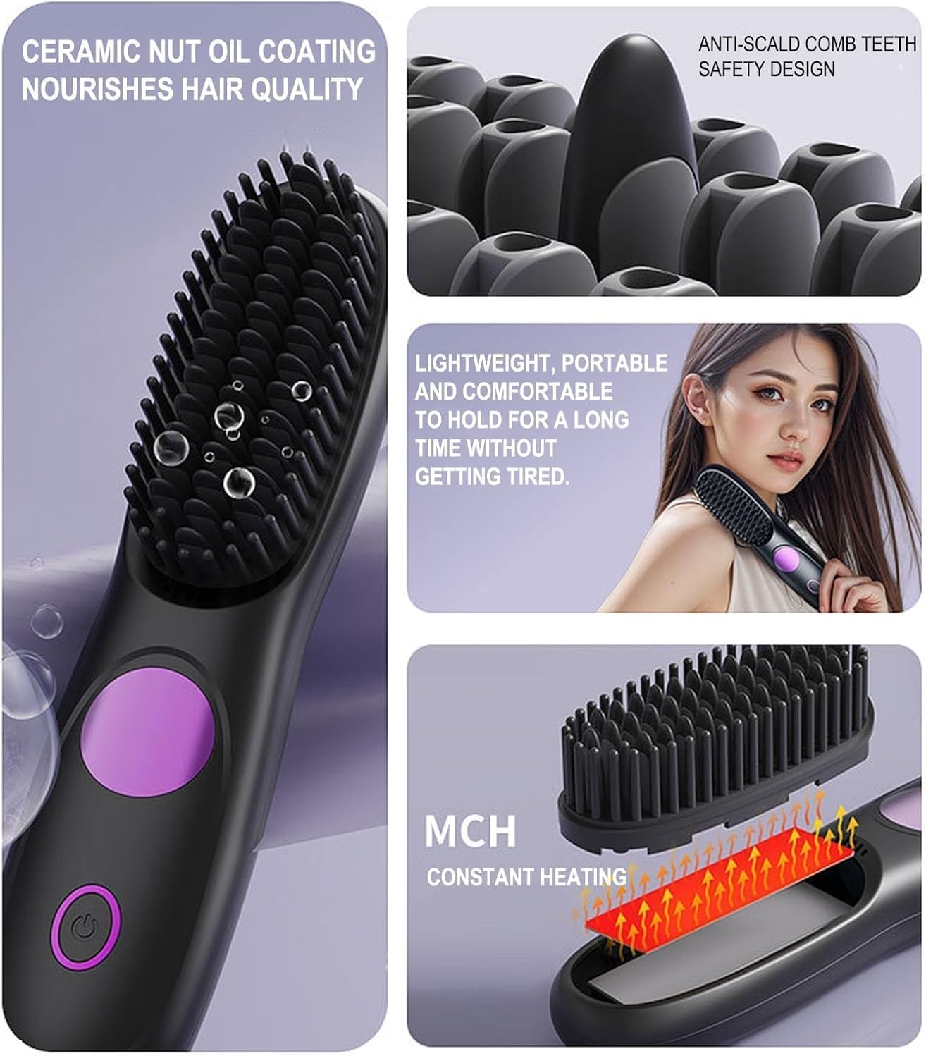 Go Brush Pro,2026 New Cordless Straight Hair Brush, Portable Scald-Proof mini Straight Hair Comb with Three Temperature Settings and LED Display Screen, Quickly Heating Travel Hair Brush (Black)