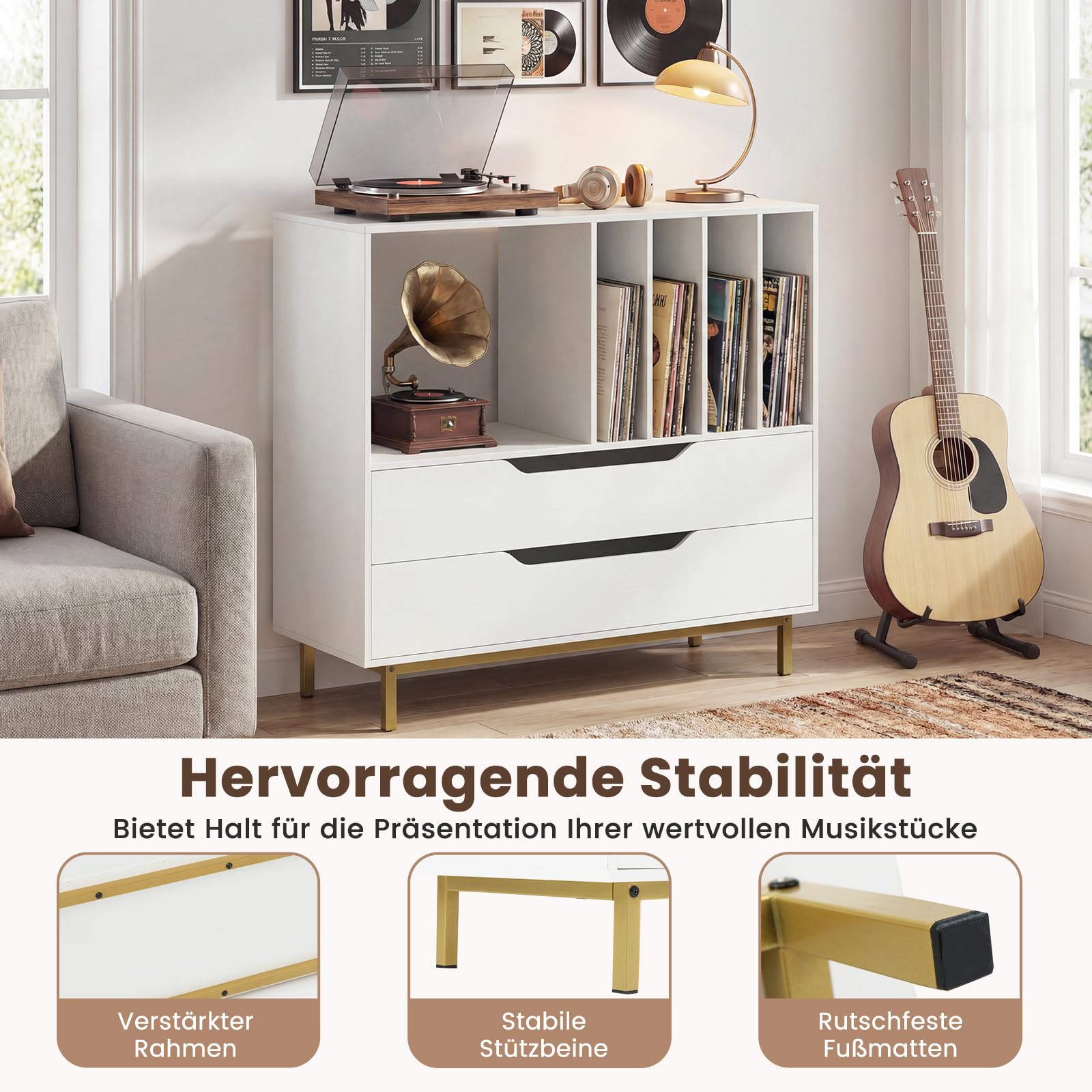 COSTWAY Plattenspielerständer, Mittelalter Plattenspielertisch mit offenem Fach, 4 Vinyl-Fächern & 2 Schubladen, Schallplattenschrank mit Vinylaufbewahrung für Wohnzimmer & Schlafzimmer (Weiß)
