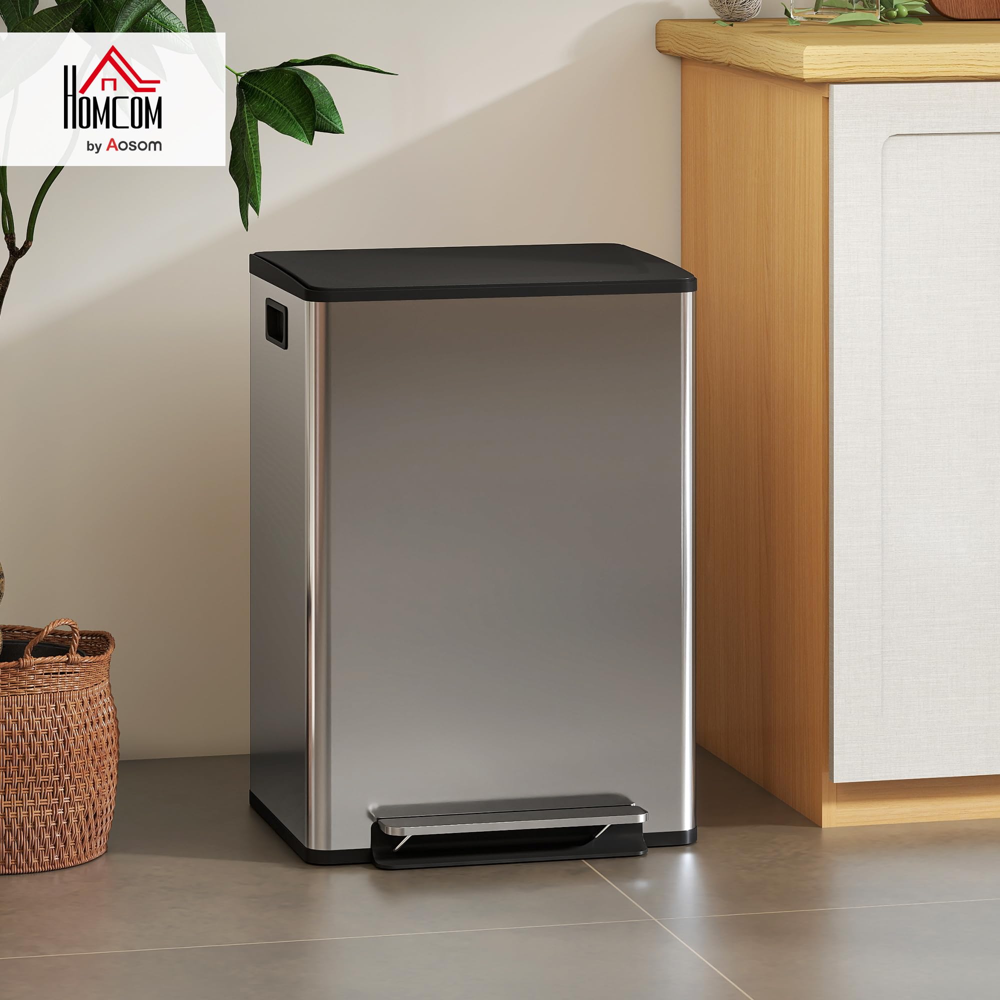 HOMCOM Poubelle à double compartiment 2 x 30L, poubelle de cuisine à pédale tri sélectif en acier inoxydable, seaux intérieurs, couvercle à fermeture douce et maintien en ouverture, poignées, argent