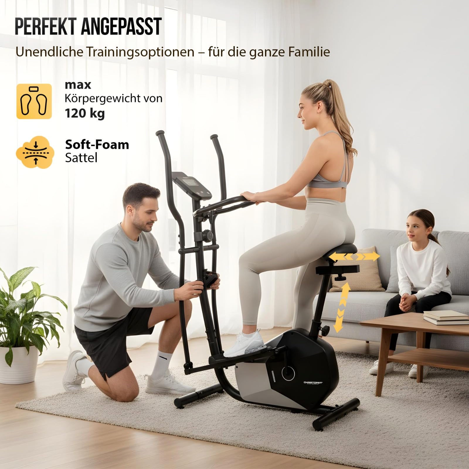 Christopeit Vélo elliptique CT 6 – vélo elliptique et vélo d'appartement 2 en 1, frein magnétique de 7 kg, 8 niveaux de résistance, capteurs de pouls manuels, support pour tablette/smartphone, jusqu'à