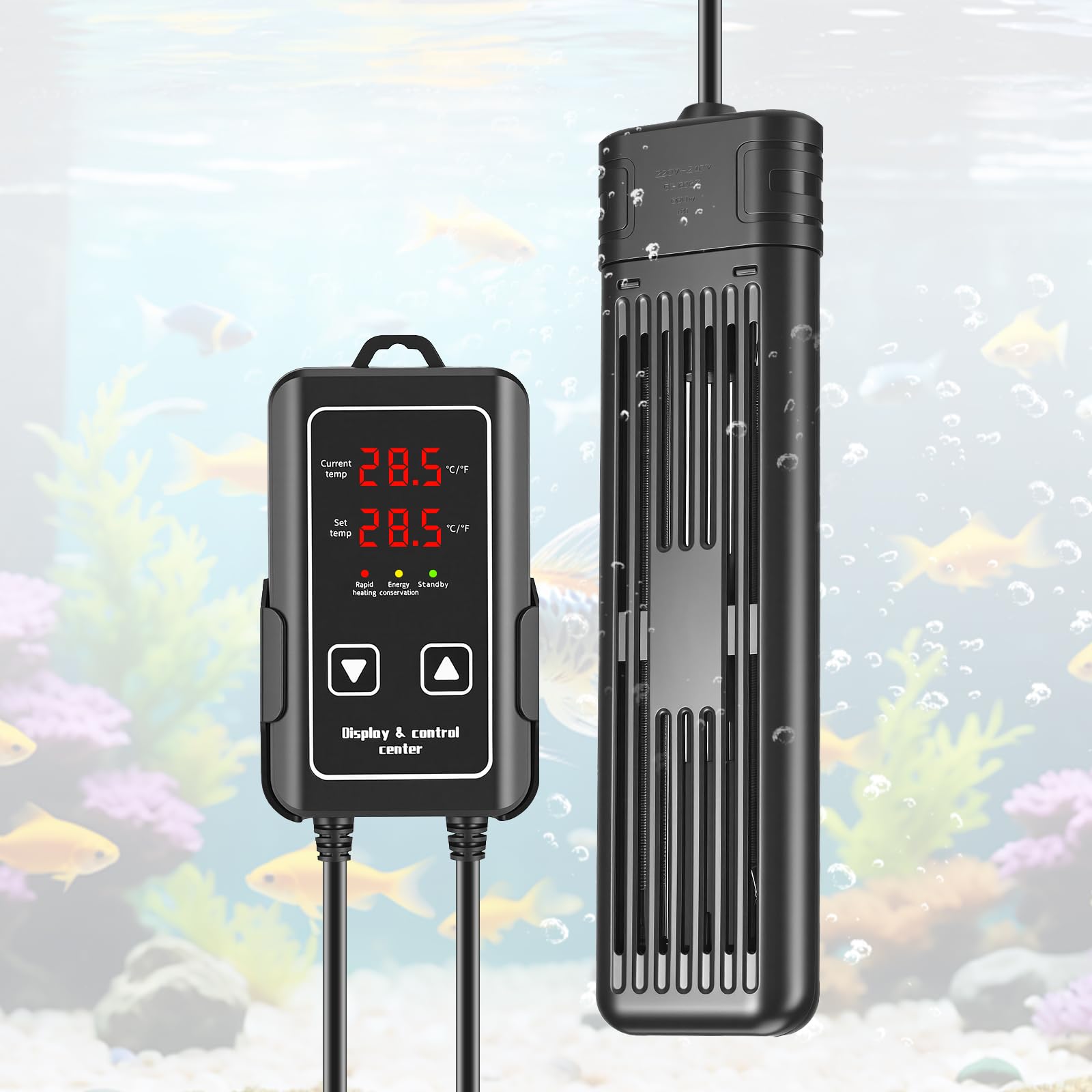 Riscaldatore per Acquario 600W Regolabile, Barra Riscaldante con Display Digitale a LED Esterno, Controller LED, Protezione da Sovratemperatura, Termostato per Acquari Dolce e Salato da 250L a 400L
