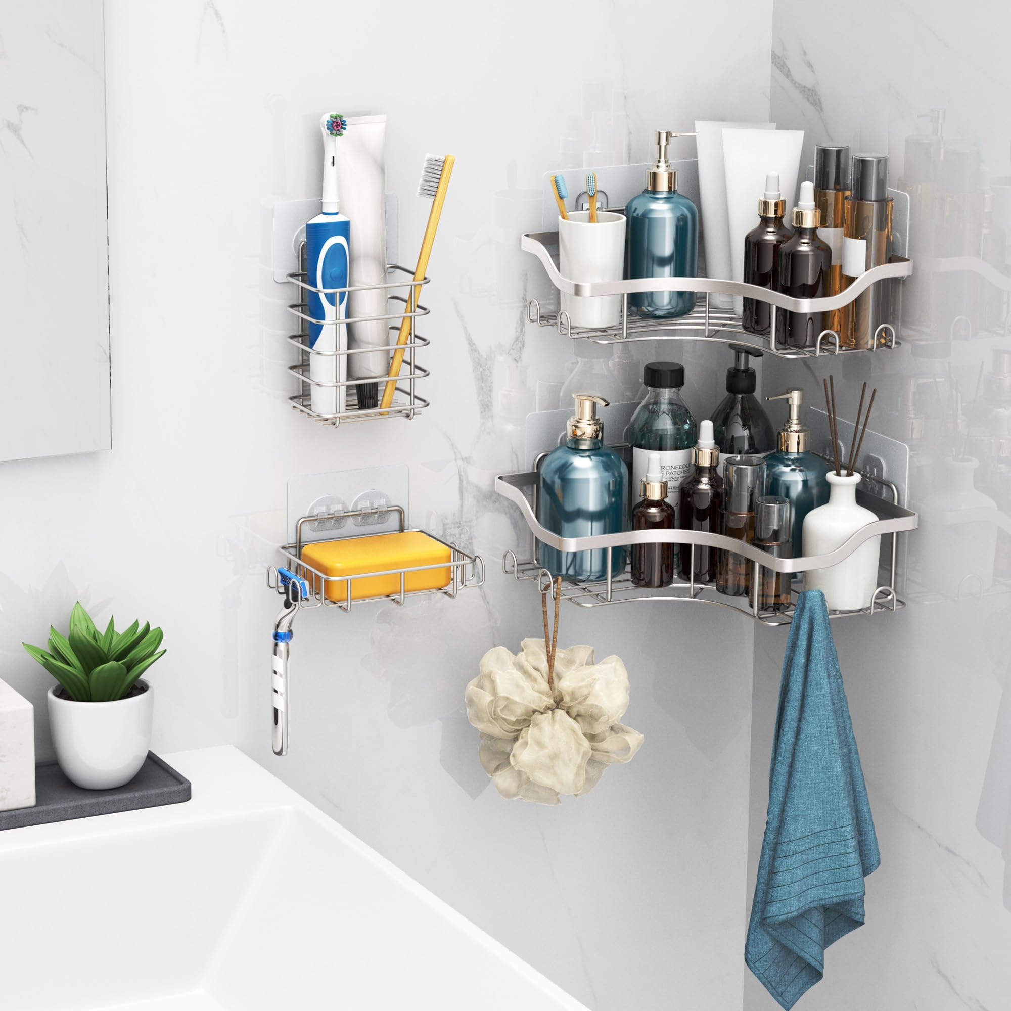4 Pezzi Mensola doccia senza foratura, Mensola Doccia Angolare Porta Sapone per Doccia, Autoadesivo Mensole Bagno Organizzatore Argento
