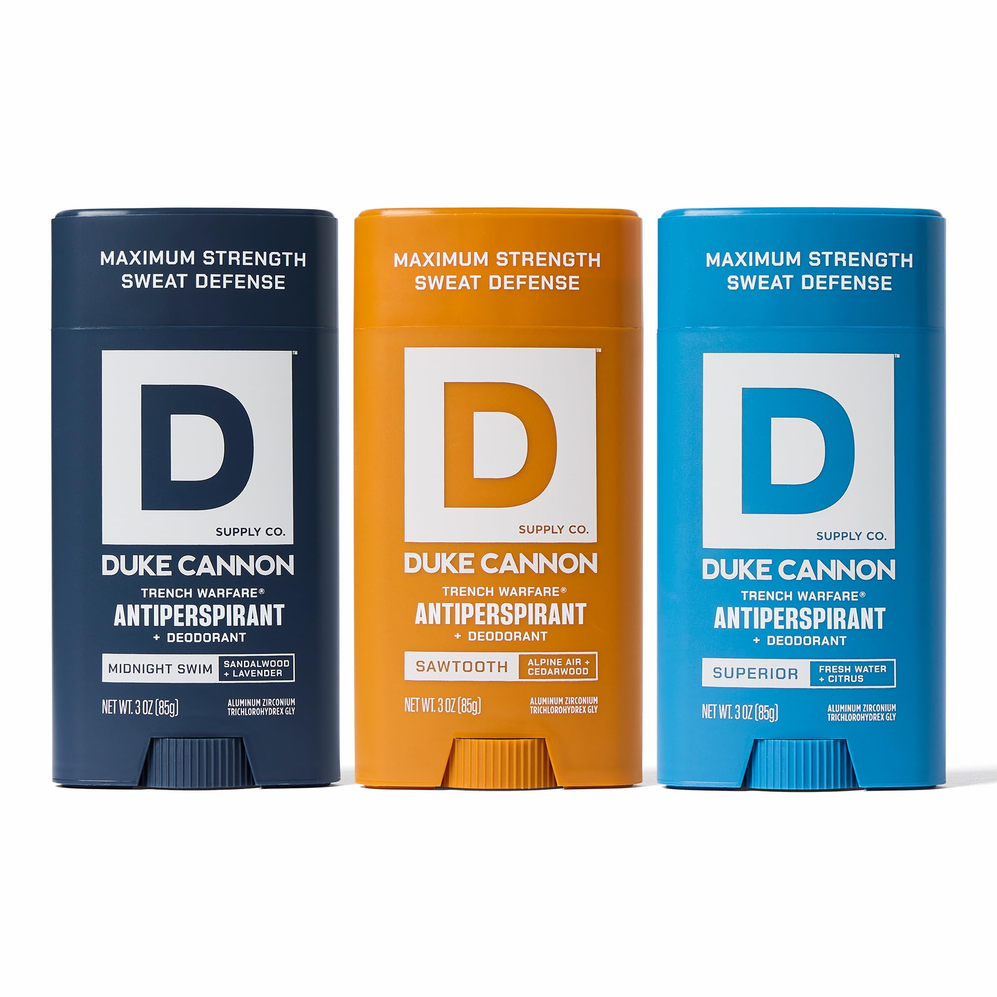Duke Cannon Trench Warfare Anti-Perspirant Deodorant, 3 oz – Maximum Strength Sweat Defense, Aloe Vera & Vitamin E – Midnight Swim, Sawtooth, Superior (Pack of 3)