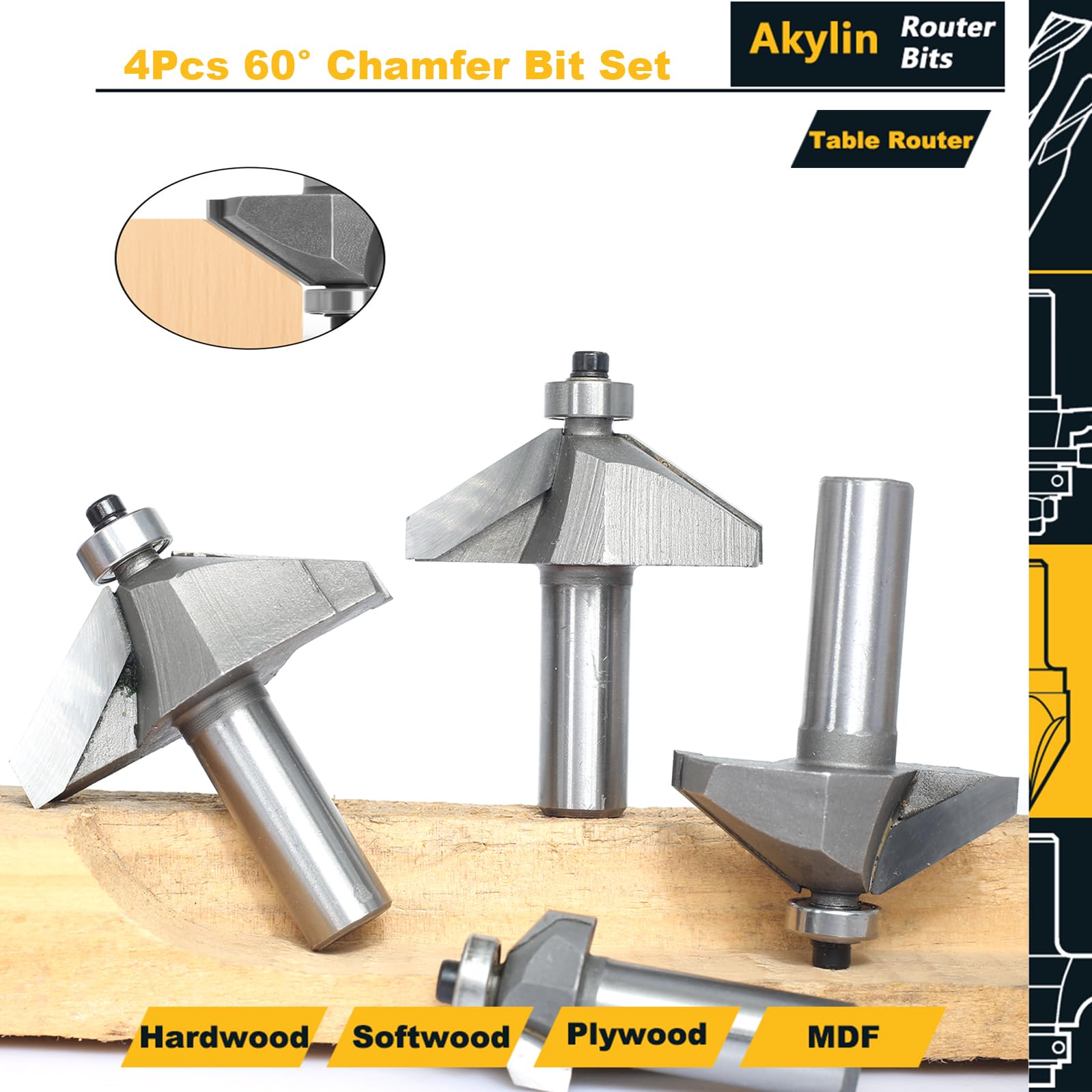 Snapklik.com : Akylin 4pcs 60 Degree Chamfer Bit Set,1/2