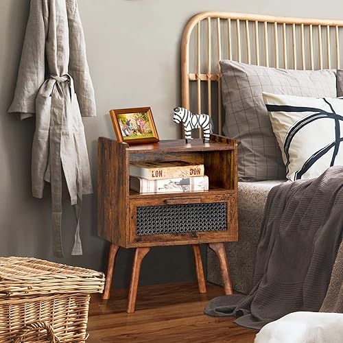 Miniatura 7 de Lerliuo Juego de 2 mesitas de noche de ratán, mesa auxiliar bohemia con cajón abierto, mesa auxiliar de noche con patas de madera maciza para