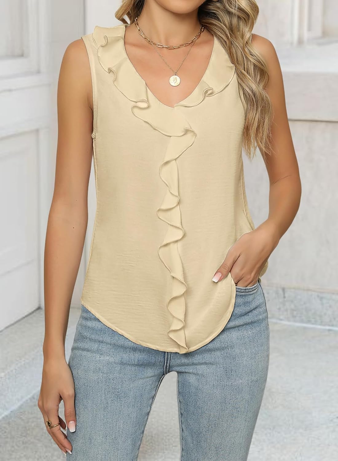 Women's Dressy Casual Blouses Sleeveless V Neck Ruffle Tank Tops 2026 Trendy Summer Ladies Business Work Shirts - Image 2