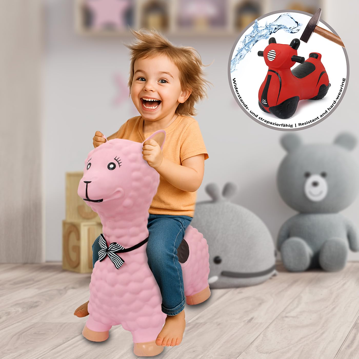 JAMARA 460543 Lama Jouet Sauteur avec Pompe, sans BPA, jusqu'à 50 kg, favorise Le Sens de l'équilibre et la motricité, Robuste et résistant, Facile d'entretien