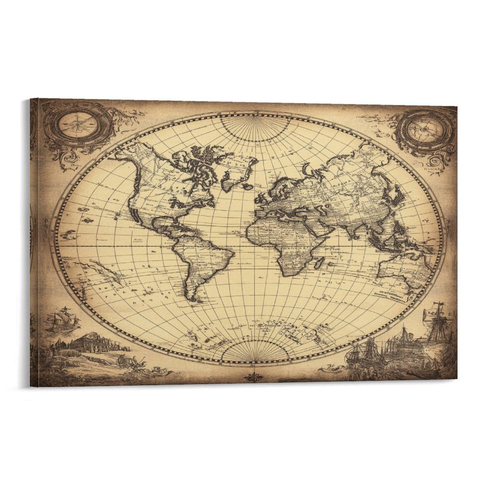 CPLVKWRQJ Vintage World Map Individual Antique Cartography Style Canvas Print - Office Wall Art Fade Resistant Statement Piece Ready to Hang 08x12inch(20x30cm)