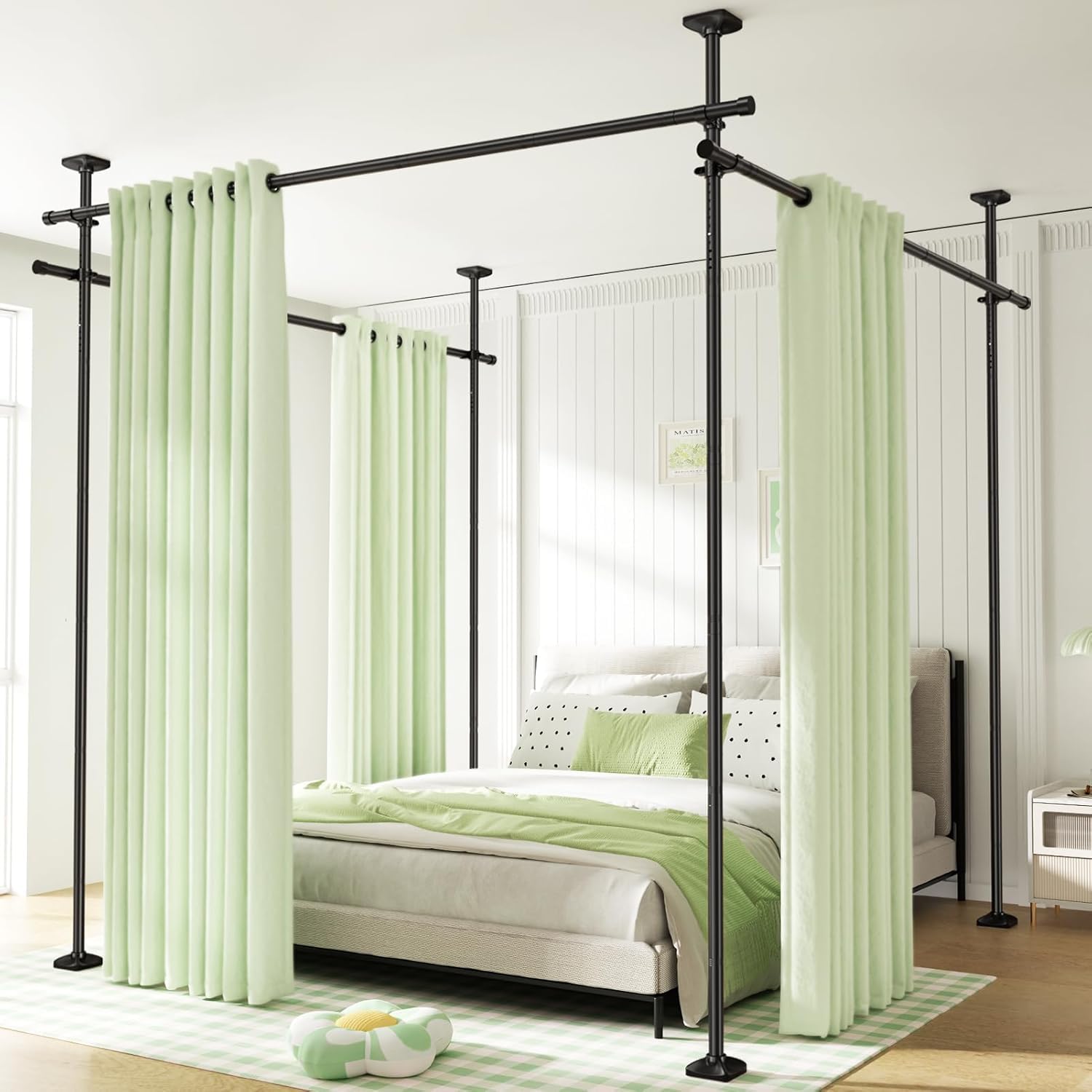 WELDUN Barras de cortina separadoras de espacios, sin taladros, resistentes barras verticales de tensión, 122-305 cm de alto, 71-380 cm de ancho, color negro