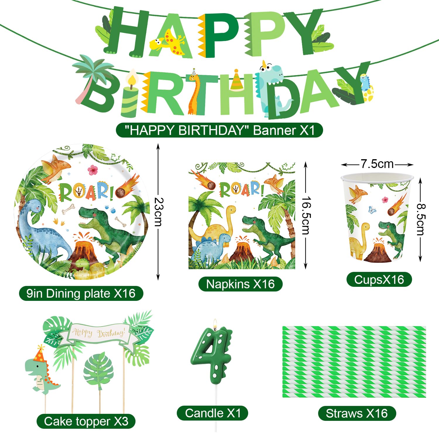 Palloncini Dinosauri Compleanno, Stoviglie per Feste a Tema Dinosauri per Bambini 4 Anni con Palloncini Dinosauro, Candela Numero 4, Decorazione per Torta, Striscione, Tovagliolo, Piatto (16 Ospiti)