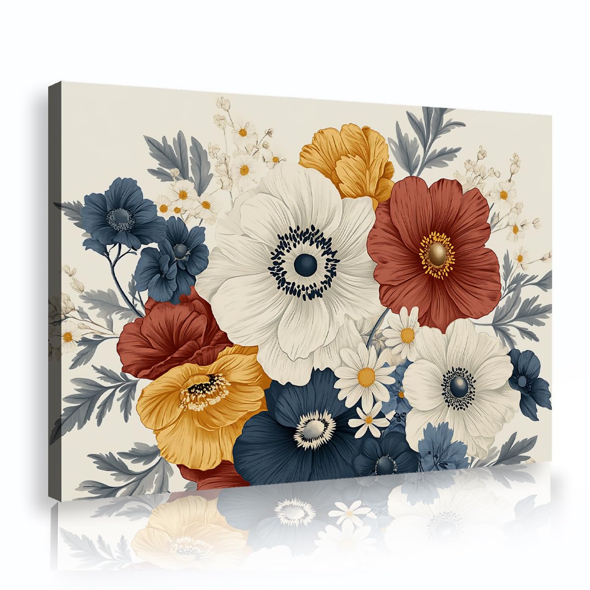 Via Vela Vintage Floral Bouquet Framed Canvas Wall Art Office Antique Botanical Daisy Painting Colorful Pictures Unique Artwork for Bedroom Decor 80x120cm