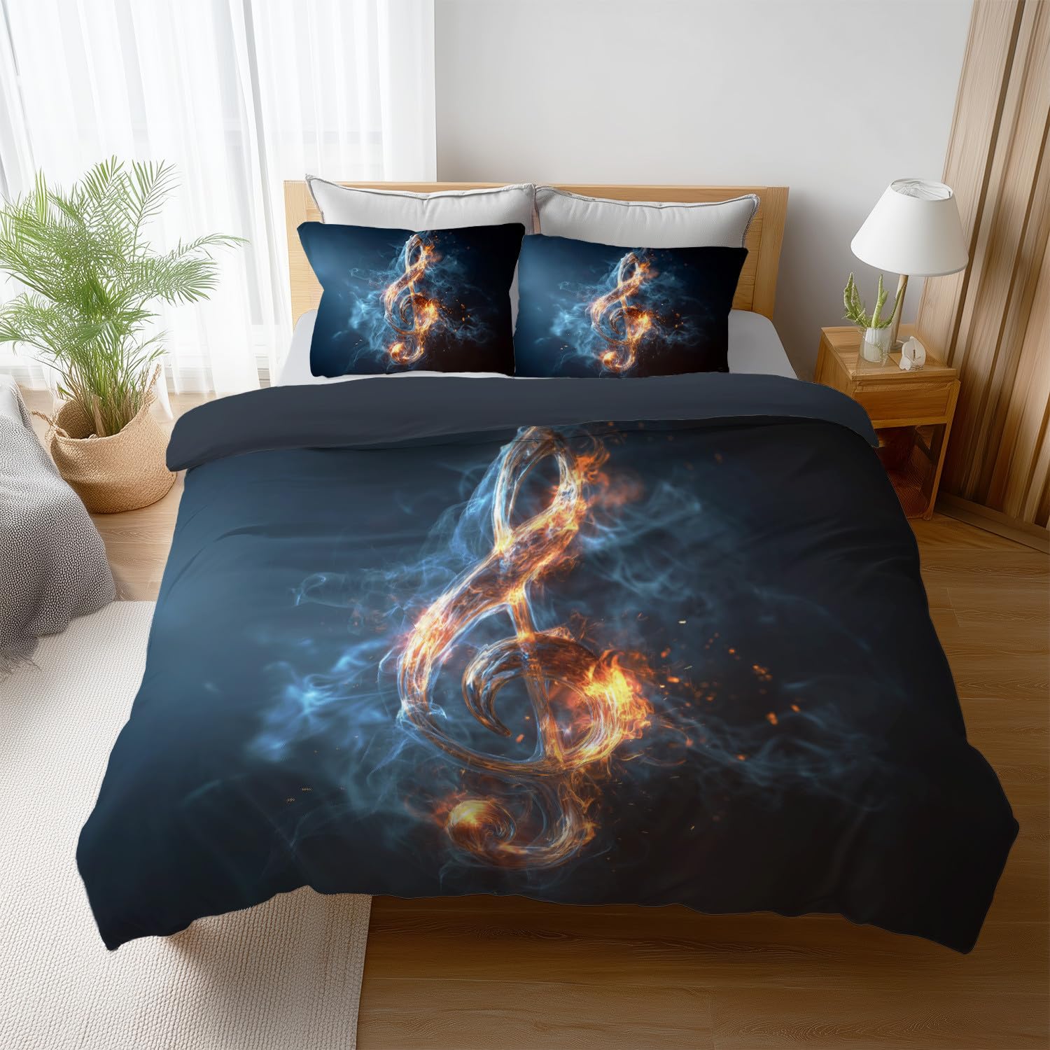 Szara mgiełka poszwa na kołdrę 240 x 260 cm z 2 poszewkami na poduszki 80 x 80 cm, miękka oddychająca pościel z mikrofibry, nadprzyrodzone nuty muzyczne dym ogień zestaw nastolatków wystrój sypialni