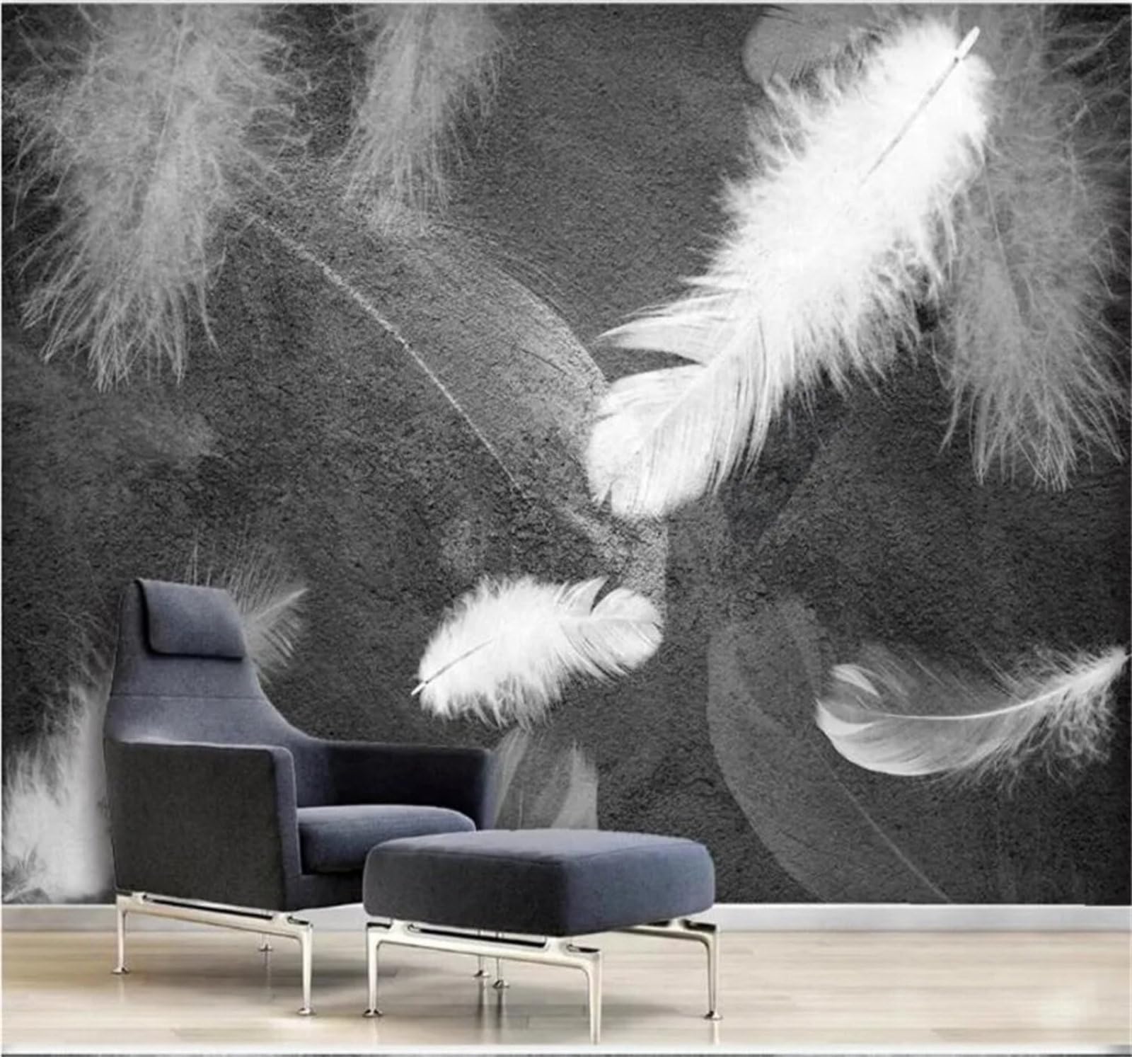 Tzxztt Black and White Grey Hand Drawn Feathers Minimalist Modern 3D Wallpaper Premium Textured Silk Neutral Tones Material Ideal for Living Room Bedroom-350cm×256cm