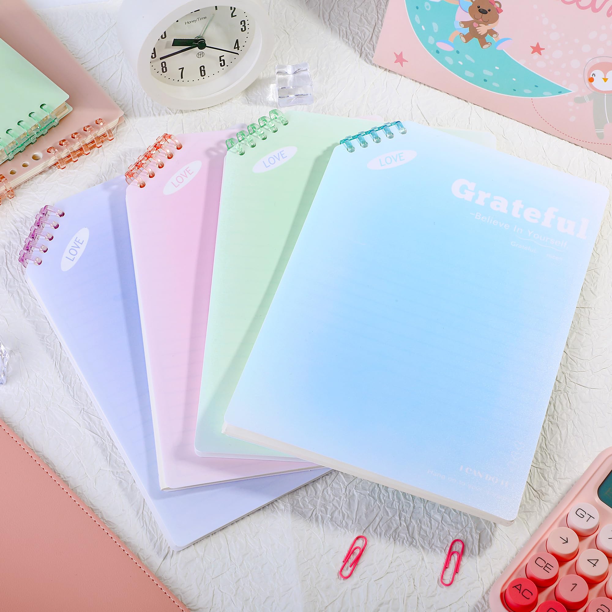 miikoul Paquete de 4 cuadernos en espiral B5, diarios de cubierta de plástico impermeable para escribir, 9.8 x 6.9 pulgadas, 60 hojas/120 páginas de rayas anchas, cuadernos forrados en espiral a
