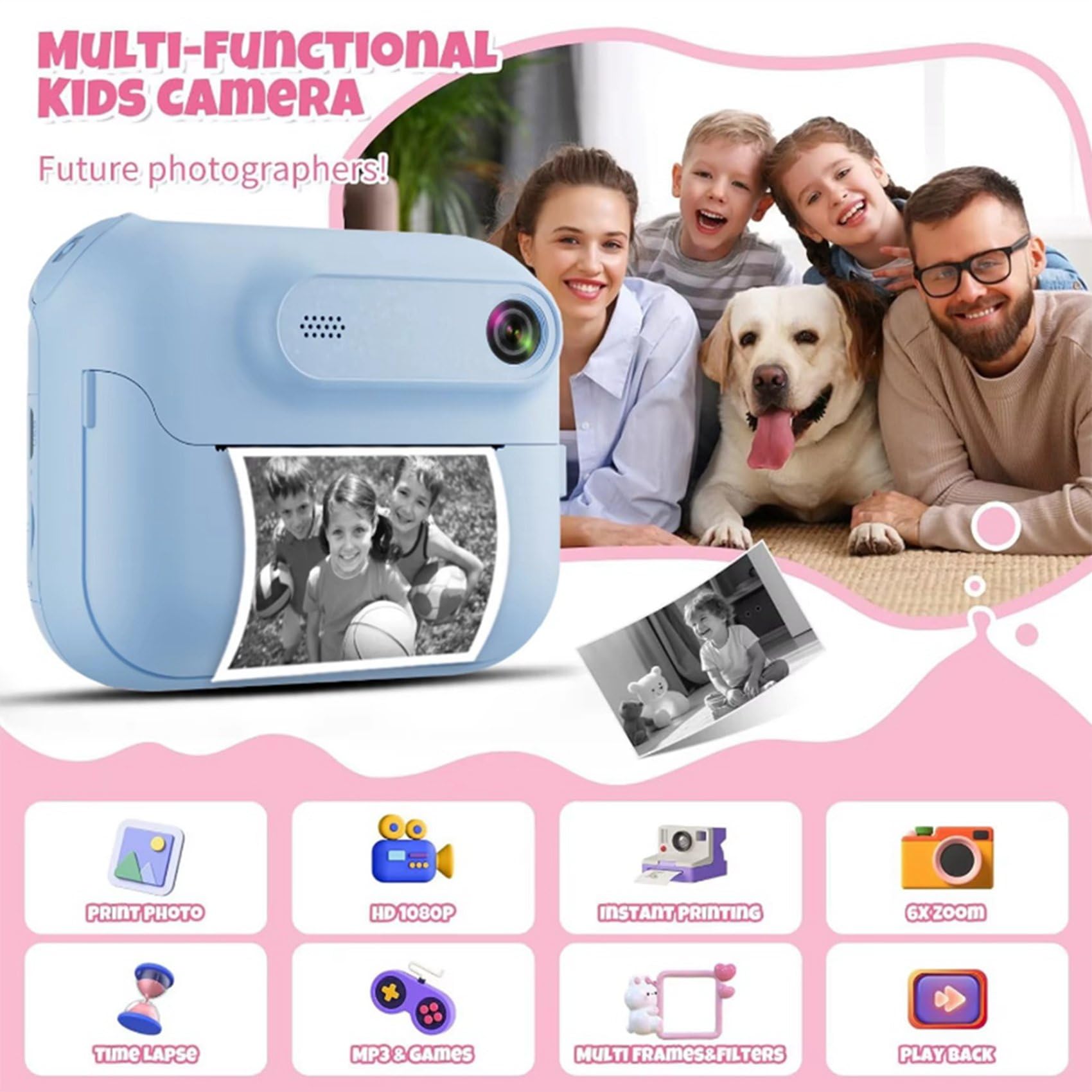 5X Fotocamera Digitale Istantanea HD 1080P 1300mAh per Bambini con Lettore MP3 e 5 Giochi, Regalo di Compleanno per Ragazze e Ragazzi B