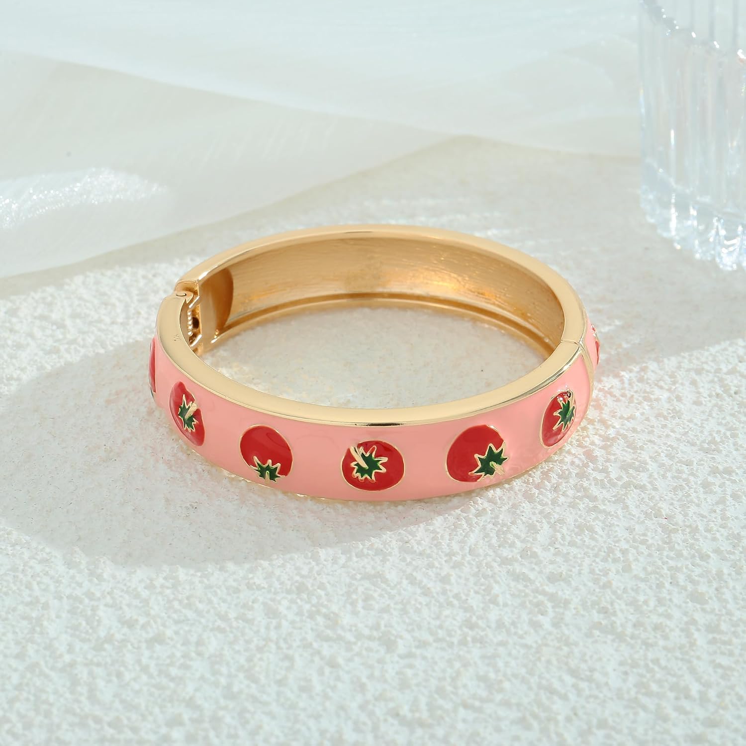 Colorful Enamel Bangle for Women Cute Cherry Bangle Bracelet Spring Hinged Open Bangles Statement Bracelet Jewelry image 5