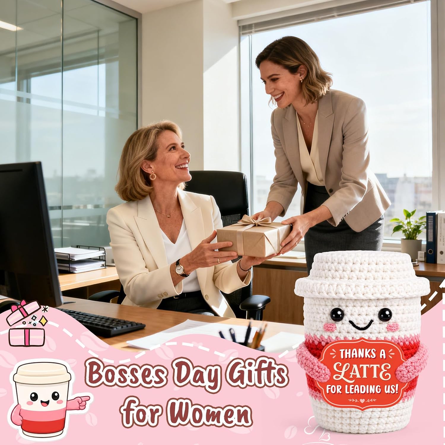 Boss Gifts for Women Boss Lady , Bosses Day Appreciation Gifts for Female Leader Maneger Mentor Supervisor from Coworker Employee, Handmade Crochet Lattte with"Thanks A Latte for Leading Us"Card