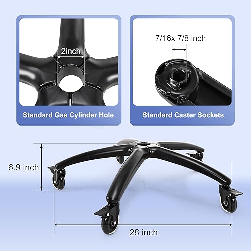 Miniatura 3 de Frassie Silla de juegos de oficina resistente de 28 pulgadas, pieza de repuesto con 5 ruedas con frenos, patas anchas para computadora y escritorio