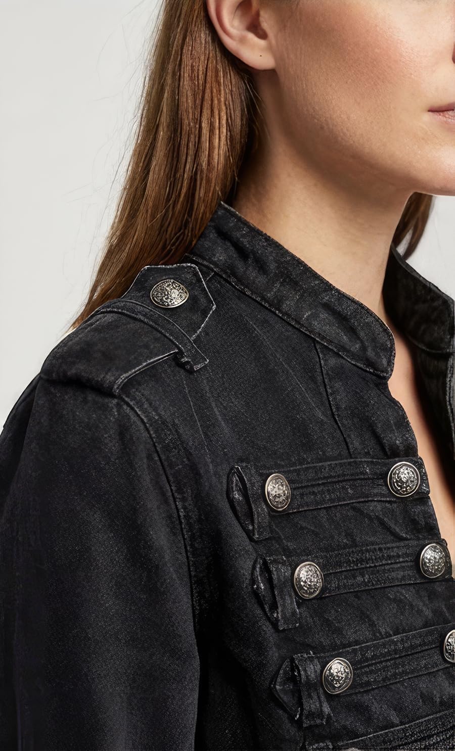 Women's Military Denim Jacket Steampunk Jean Jacket Stand Collar Vintage Gothic Coat Double Breasted Jean Jacket - Image 5