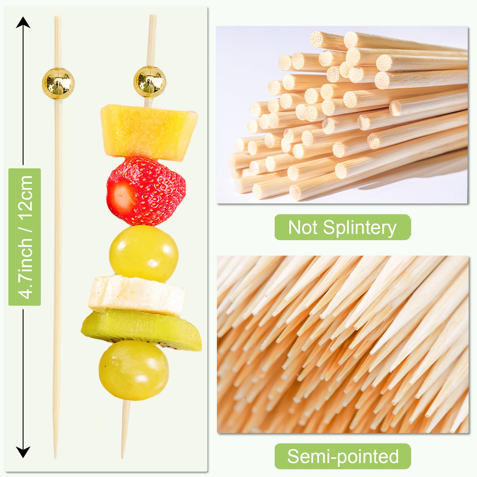 1000 palillos de cóctel elegantes para aperitivos, palillos de cóctel de bambú de 4.7 pulgadas, pinchos de aperitivos para bebidas, frutas, embutidos, fiesta de comida de boda, dorado