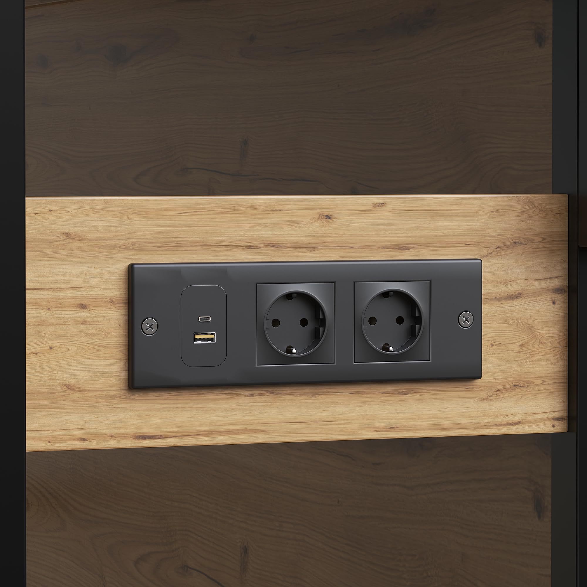 Küchenschrank mit Arbeitsplatte & Stromanschluss, 183cm hoher Kücheninselschrank mit Hängeregal, Holzoptik/Schwarz, für Küche & Esszimmer (Holzoptik)