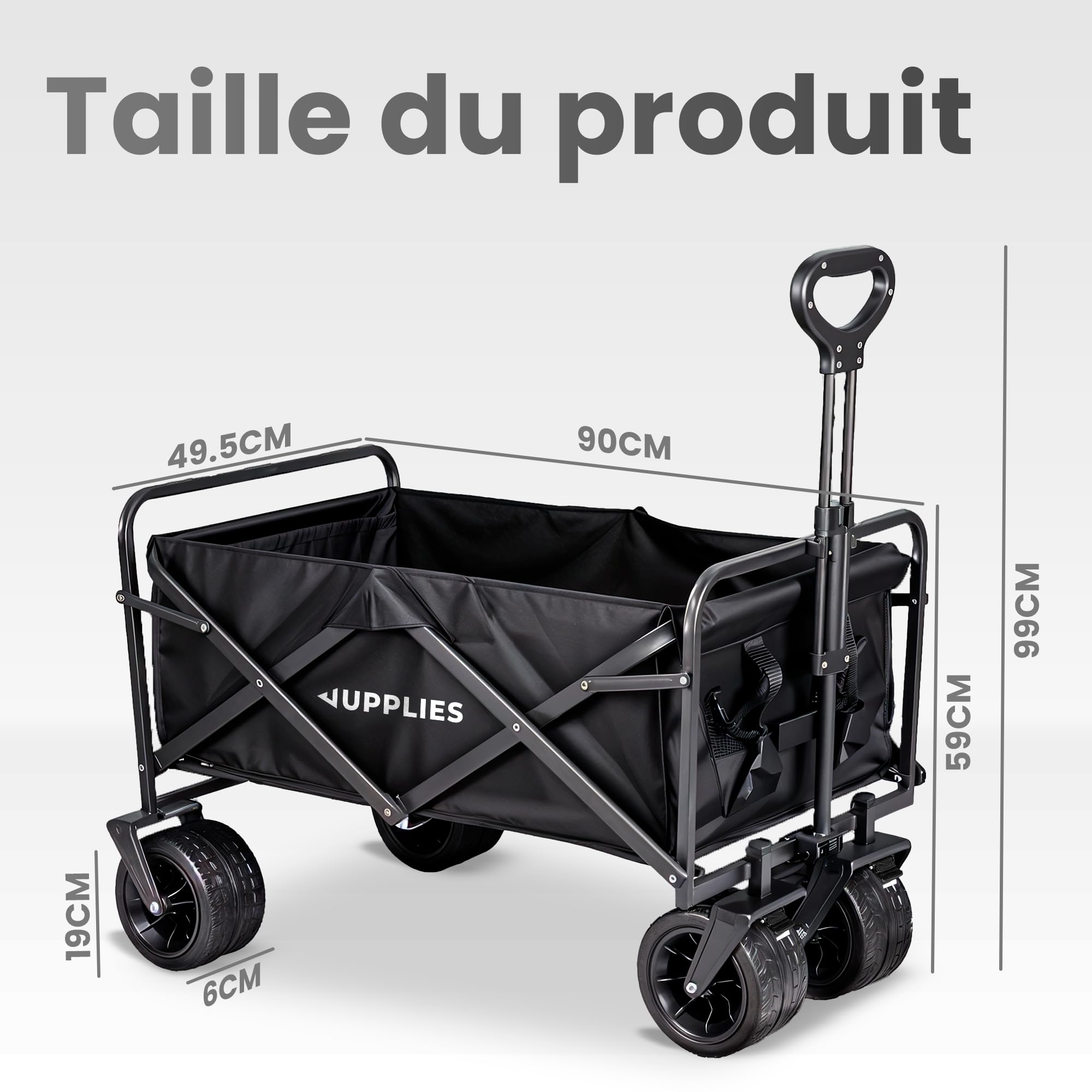 JUPPLIES Chariot Pliable à roulettes Grandes 150KG – Chariot de Jardin, Plage et Courses | Chariot de Transport Pliable Tout Terrain avec Poignée Télescopique et Tissu Oxford 600D Imperméable