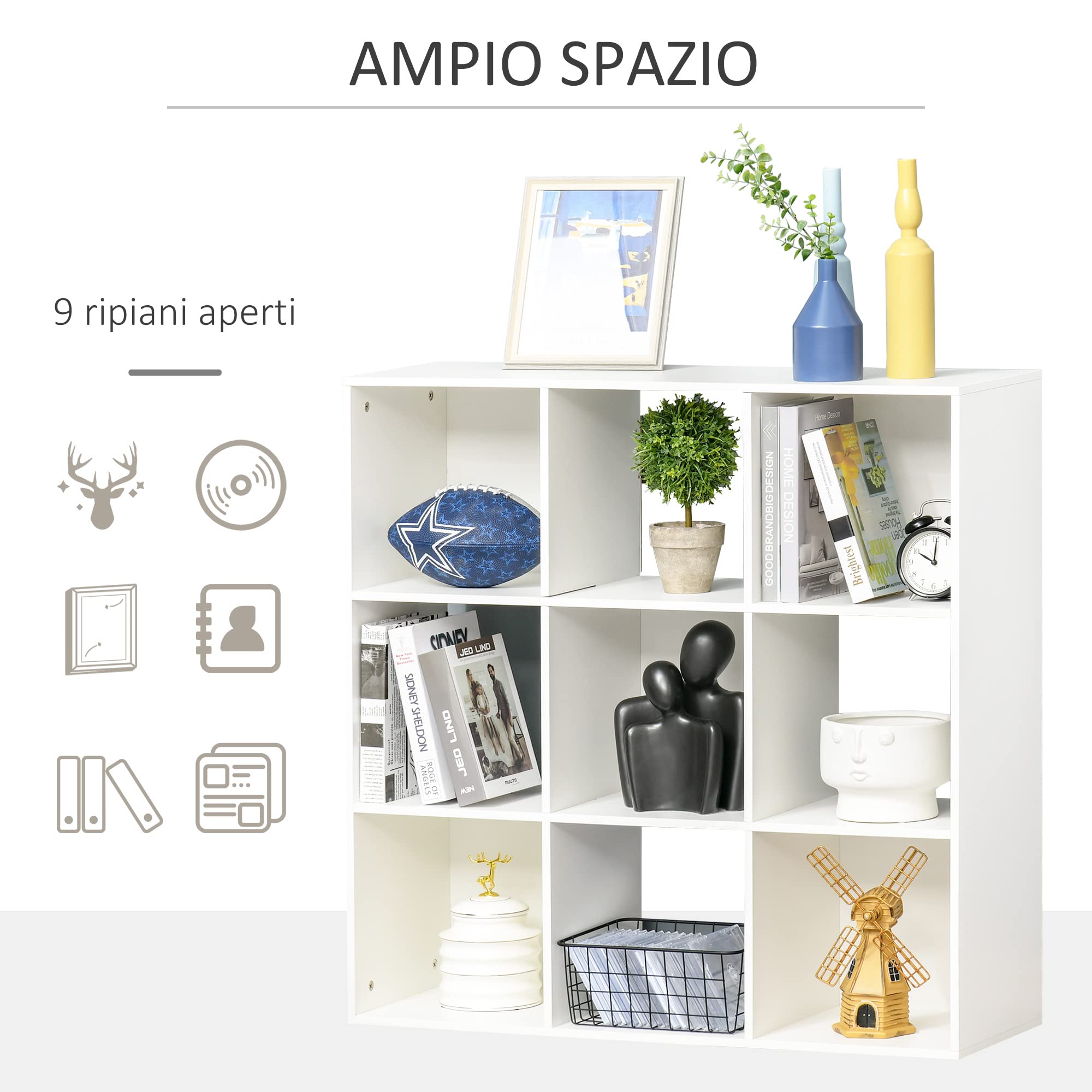 HOMCOM Libreria Bianca per Casa e Ufficio 9 Cubi 91.5 x 29.5 x 91.5 cm | Scaffale dal Design Moderno, 9 Scomparti in Legno