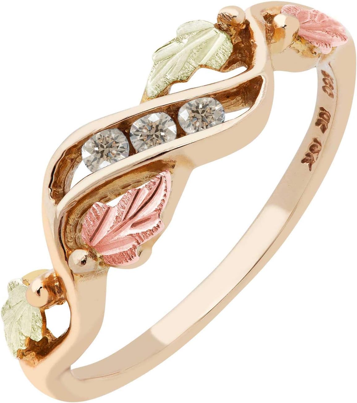 10k Yellow Gold 3-Stone Diamond Ring, 12k Rose and Green Black Hills Gold (.10 Ctw, Top Light Brown)