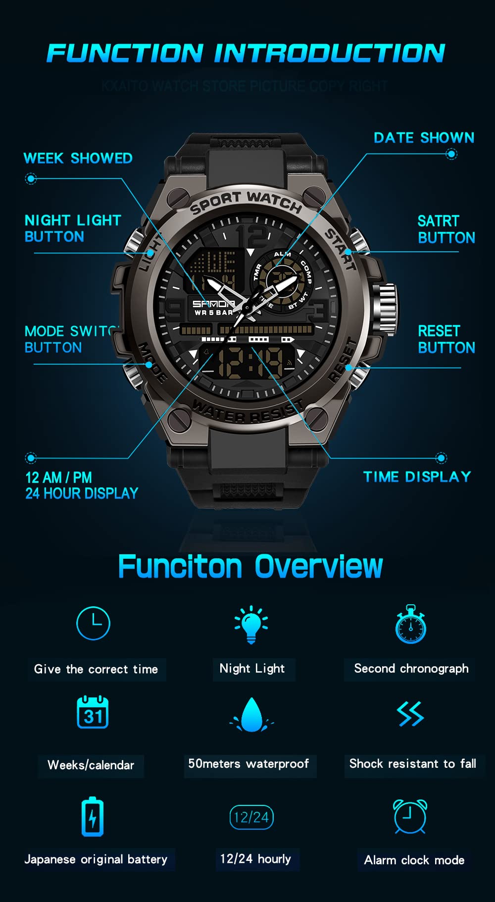 KXAITO Men's Watches Sports Outdoor Waterproof Military Watch Date Multi Function Tactics LED Alarm Stopwatch