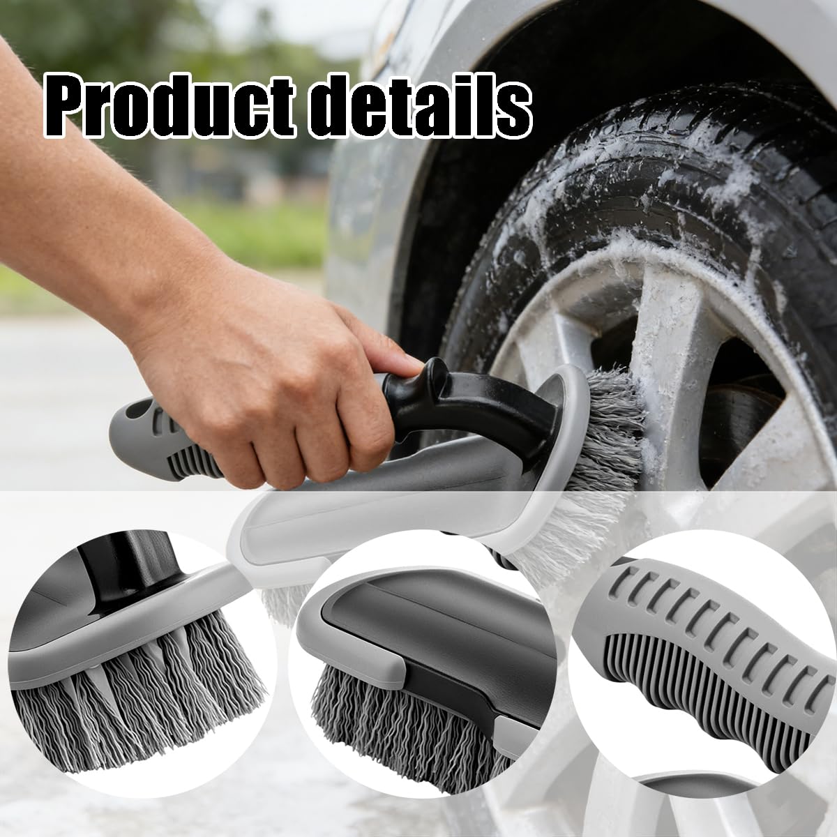 Cepillo Llantas Coche con Mango Ergonómico,Cepillo Limpia Llantas y Neumáticos,para Limpieza Coche Exterior e Interior,Kit Detailing Coches y Moto,Accesorio Lavado Profesional — view 6