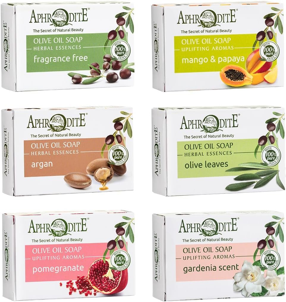 Aphrodite Olivenöl-Seifen-Set 6er – Naturseife aus Griechenland mit 100% Olivenöl (Duftfrei, Mango & Papaya, Argan, Olivenblätter, Granatapfel, Gardenie) – Hand- & Körperseife
