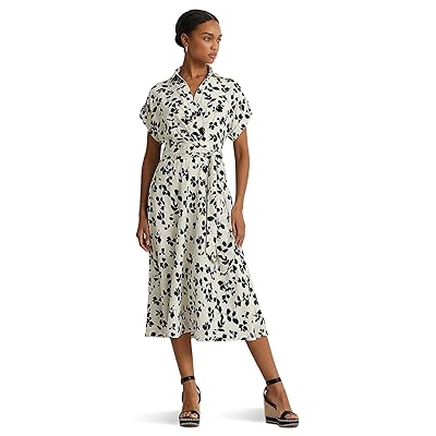 Lauren Ralph Lauren Leaf Print Belted Crepe Dress Women