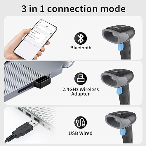 Miniatura 2 de Escáner de Código de Barras Inalámbrico 1D QR Escáner Inalámbrico Portátil Lector de Código de Barras Láser 3-en-1 con Bluetooth y 2.4G Inalámbrico