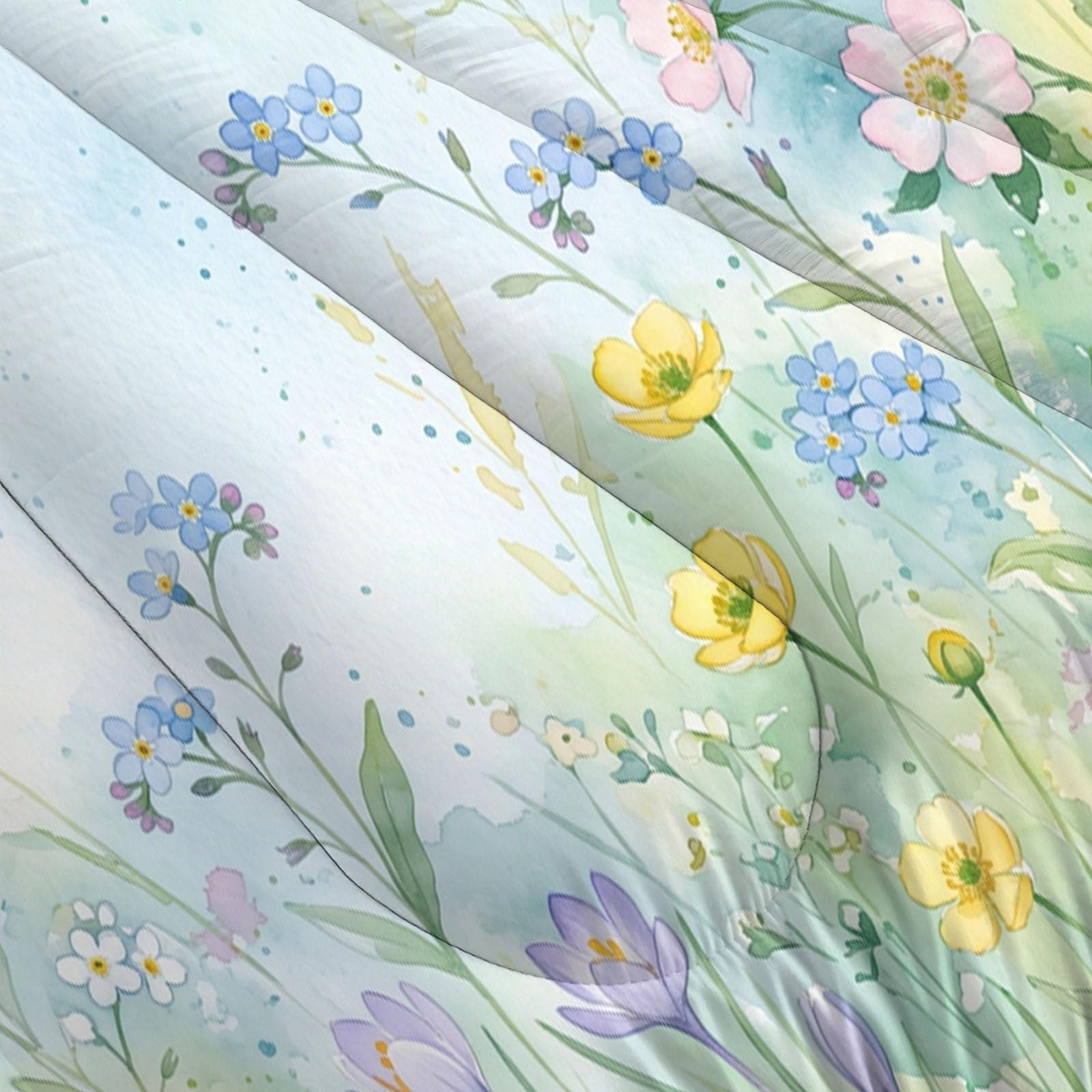 Trapunta Paesaggio Primaverile Fiori Selvatici, Piumino Matrimoniale 4 Stagioni | 200X200 Cm Con Federa 50X80, Piumone Leggero In Microfibra, Trapunta Reversibile Casa Piante Acquerello, Azzurro