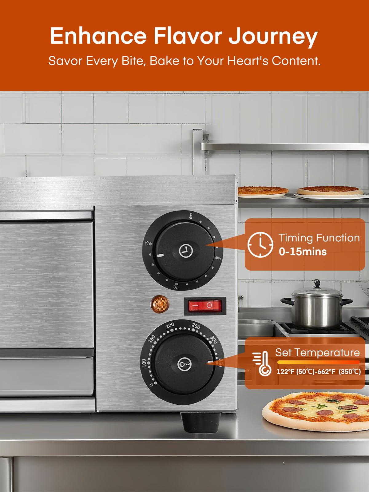 Professional Pizzaofen 2000W, 12 Zoll Kommerzieller Pizzabackofen Elektrisch Edelstahl mit 15-Minuten-Timer 350℃ für Pizza, Brot und Backwaren