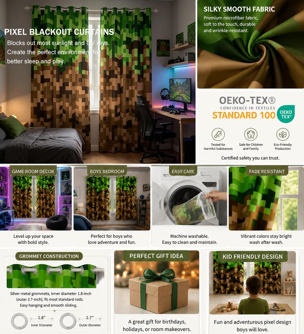 Miner Style Square Grid Window Curtain,Brown Green Pixel Blackout Curtains for Kids Boys Teens Men Room Decor,Cartoon Gamepad Modern Window Treatment Curtain Pixelated Games Window Drapes,52Wx96L image 3