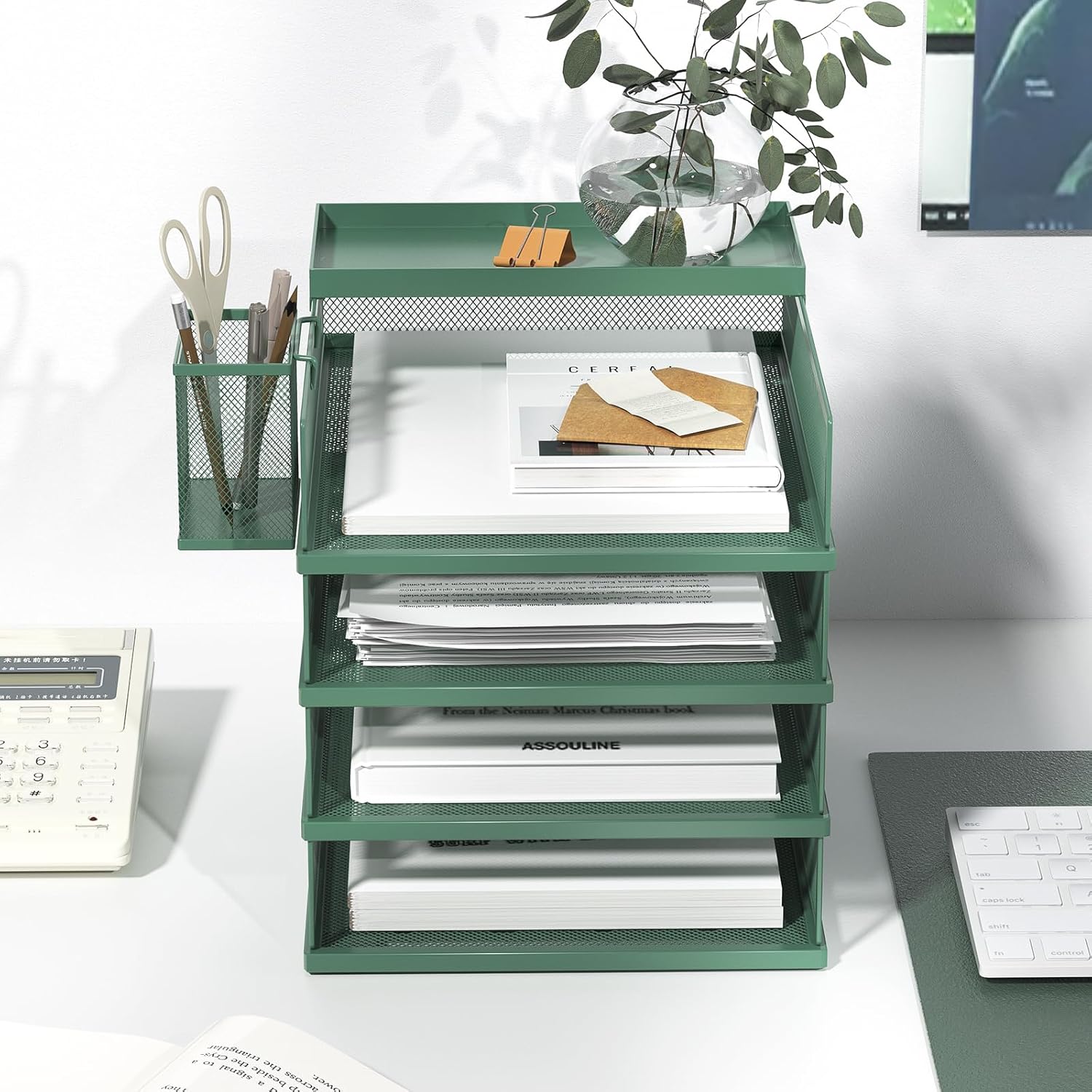 FANXIYQ Stackable Letter Trays, 4 Tier Metal Paper Tray & Desk Organizer, Stackable File Trays for Office & Home, Multi-Functional Document Tray with Fine Grid Design & Magnetic Labels,Green